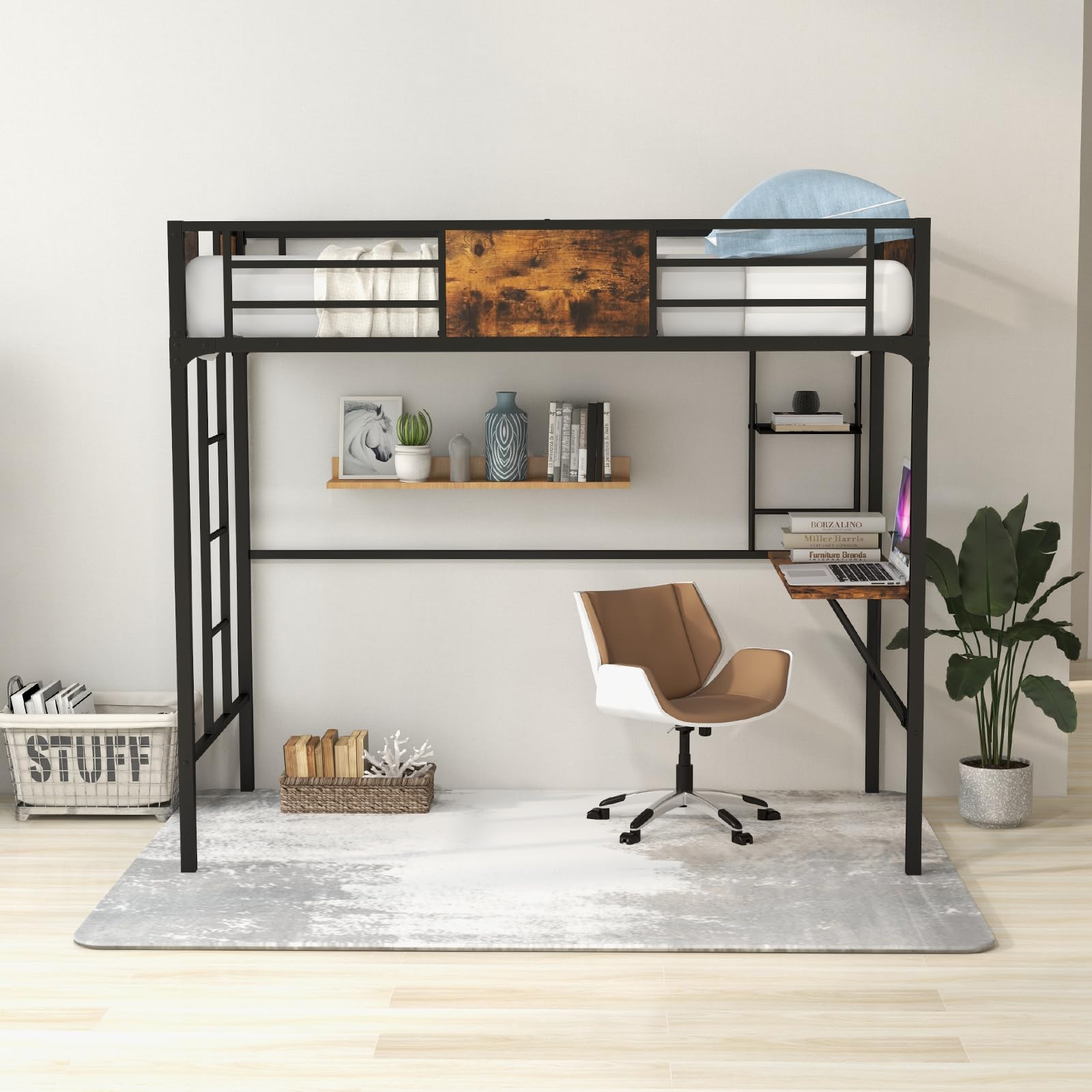 KOMFOTT Metal Twin Loft Bed with Desk and Storage Shelf