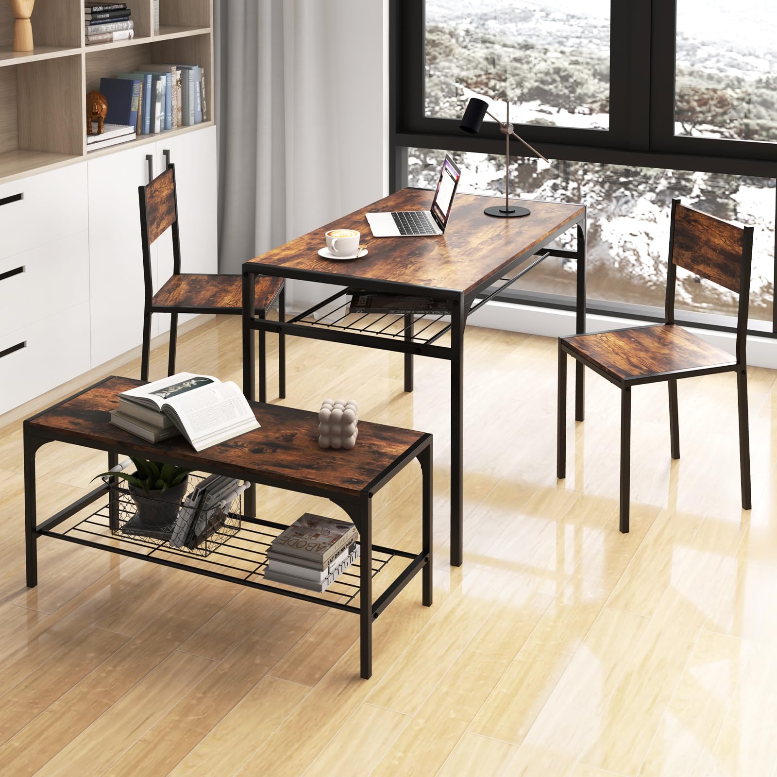 KOMFOTT 4 Pieces Dining Table Set, Kitchen Table and 2 Chairs for 4 with Bench, Storage Racks