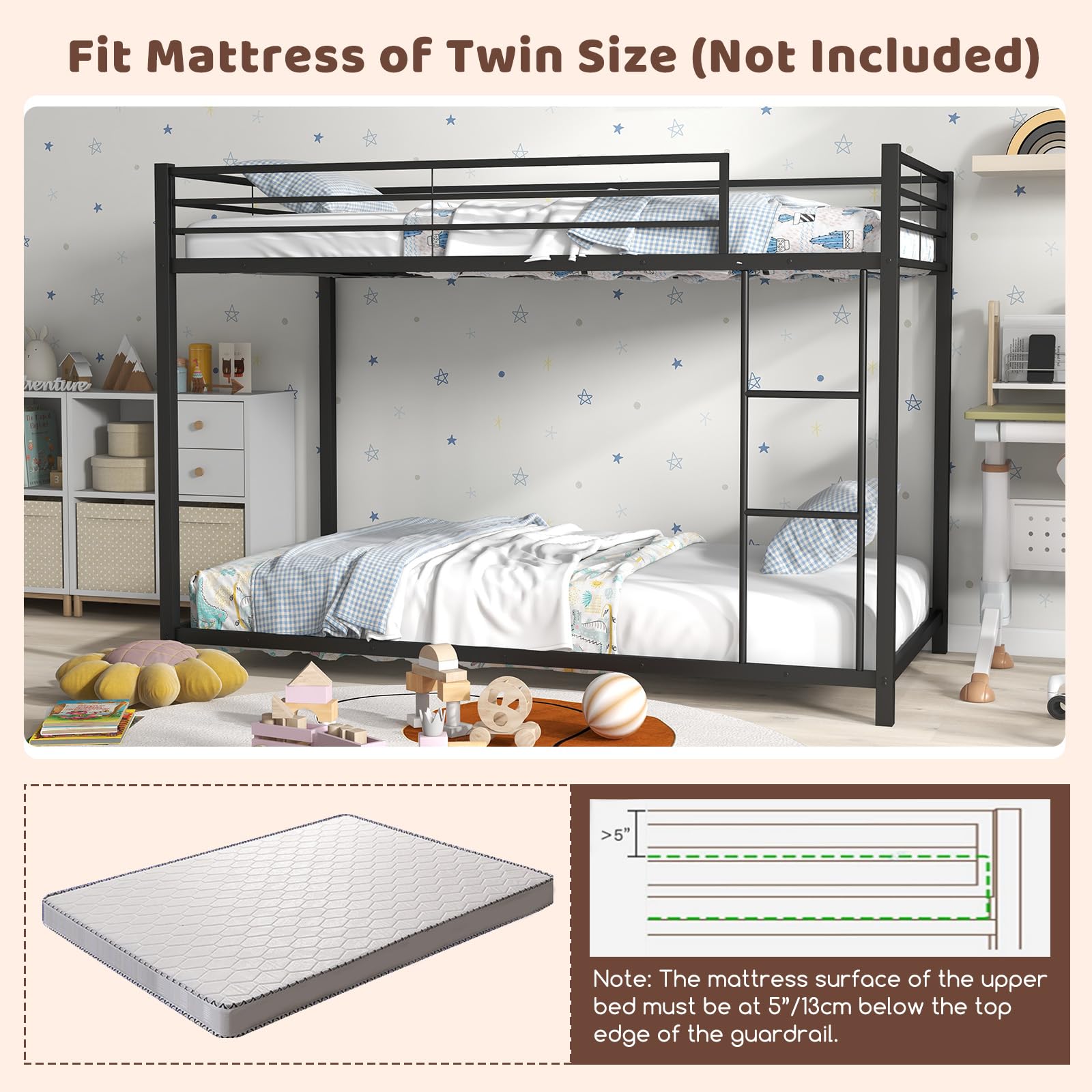 KOMFOTT Metal Bunk Bed Twin Over Twin, Classic Bunk Bed Frame with Safety Guard Rails & Side Ladder