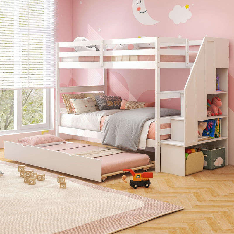 KOMFOTT Wood Twin Over Twin Bunk Bed with Trundle & Storage Stairs, Convertible to 2 Separated Beds