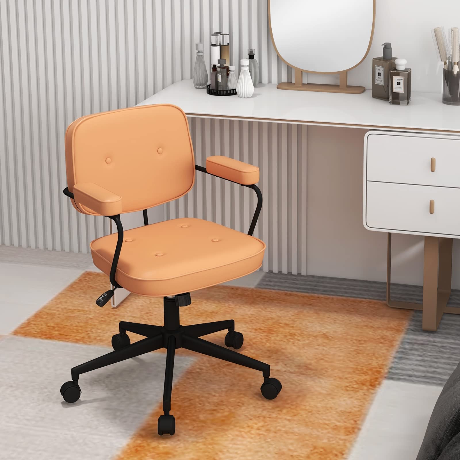 KOMFOTT Mid Century Leather Office Chair Orange, Height Adjustable Desk Chair with Rocking Backrest & Padded Armrest