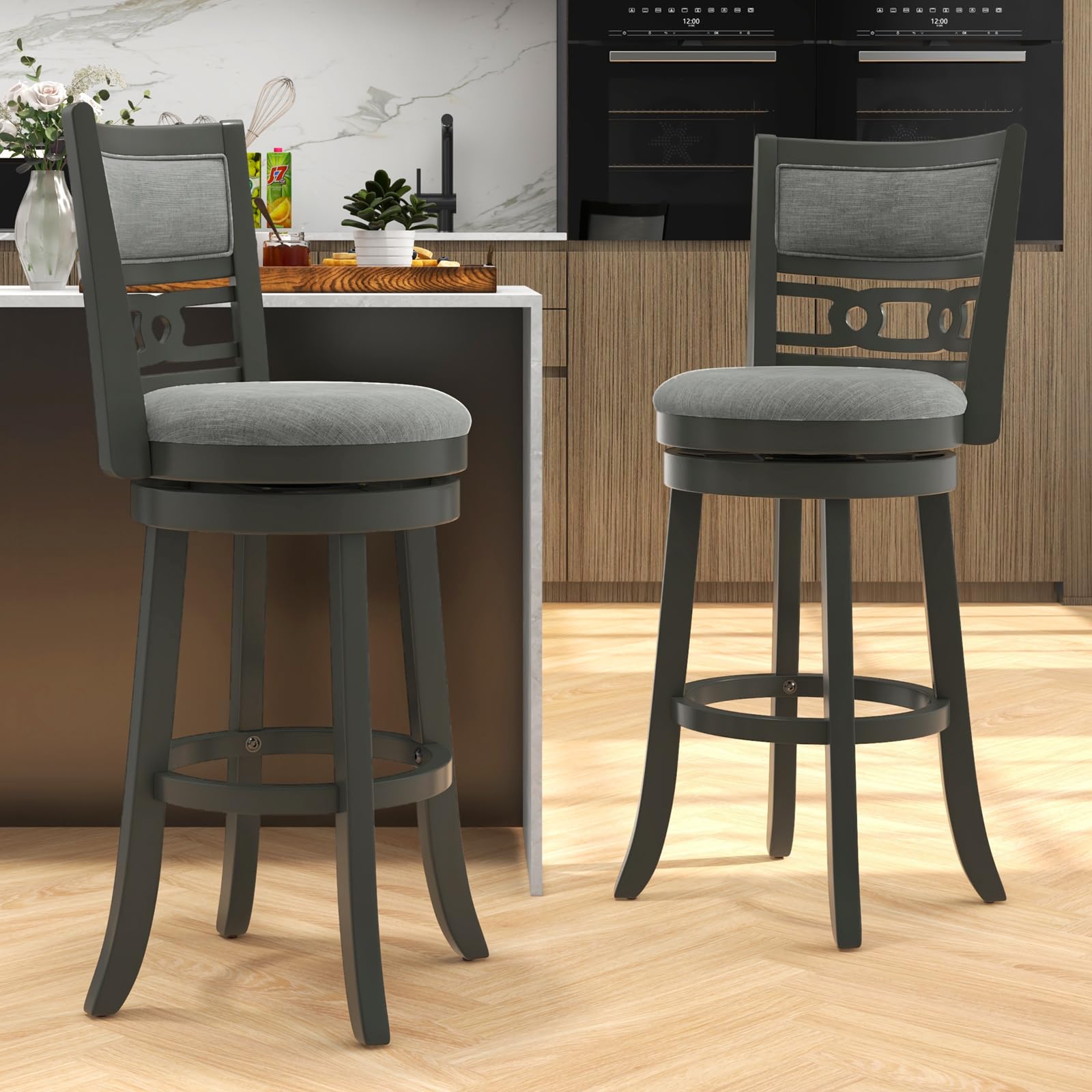 KOMFOTT Bar Stools Set of 1/2/4, Upholstered Bar Height Bar Chair with Wooden Frame, Swivel Seat & Footrest