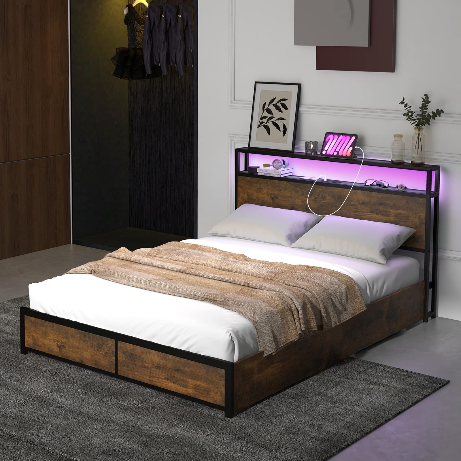 Bed Frame with LED Lights Headboard and 4 Storage Drawers, Metal Platform Bed with Outlets and USB Ports Charging Station