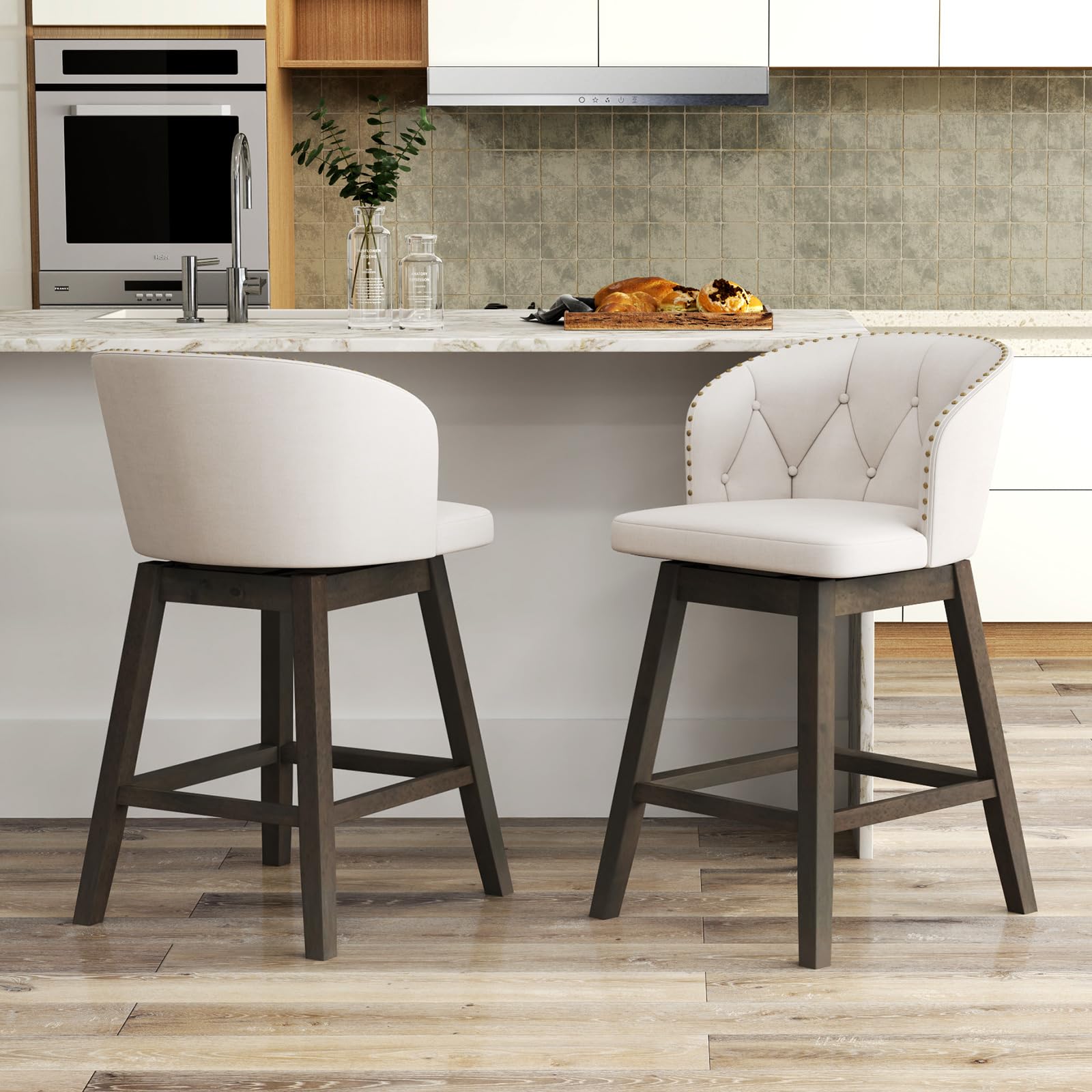 KOMFOTT Counter Height Bar Stools Set of 2/4, Fabric Upholstered Island Stools with 360° Swivel Seat & Button-Tufted Back