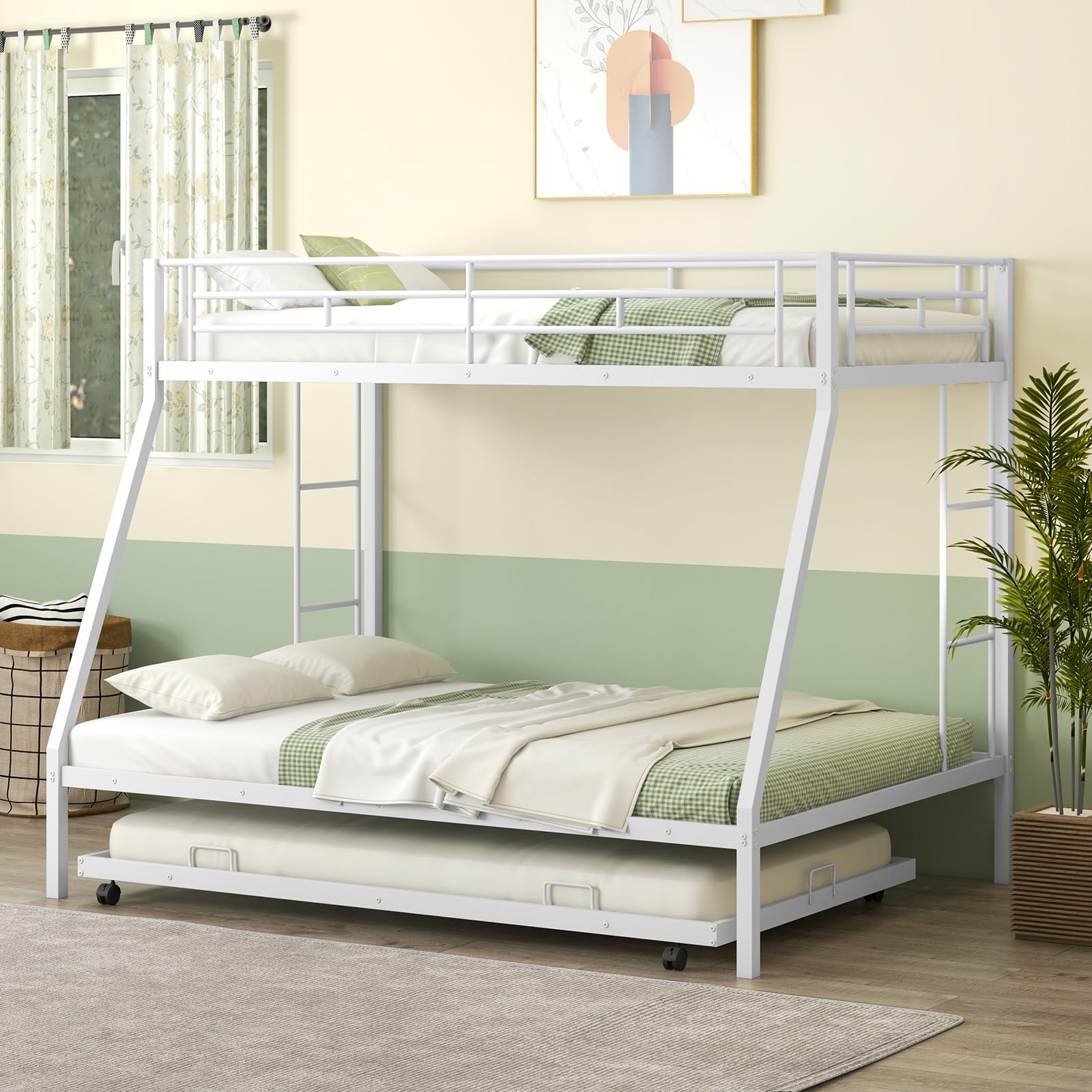 KOMFOTT Twin Over Full Bunk Bed with Trundle, Heavy-Duty Metal Bunk Bed Frame with Guardrail & 2 Ladders