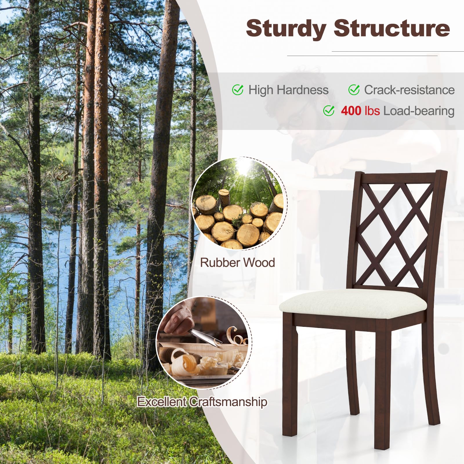 KOMFOTT Wood Dining Chairs Set of 2/4, Farmhouse Kitchen Chair with Rubber Wood Legs