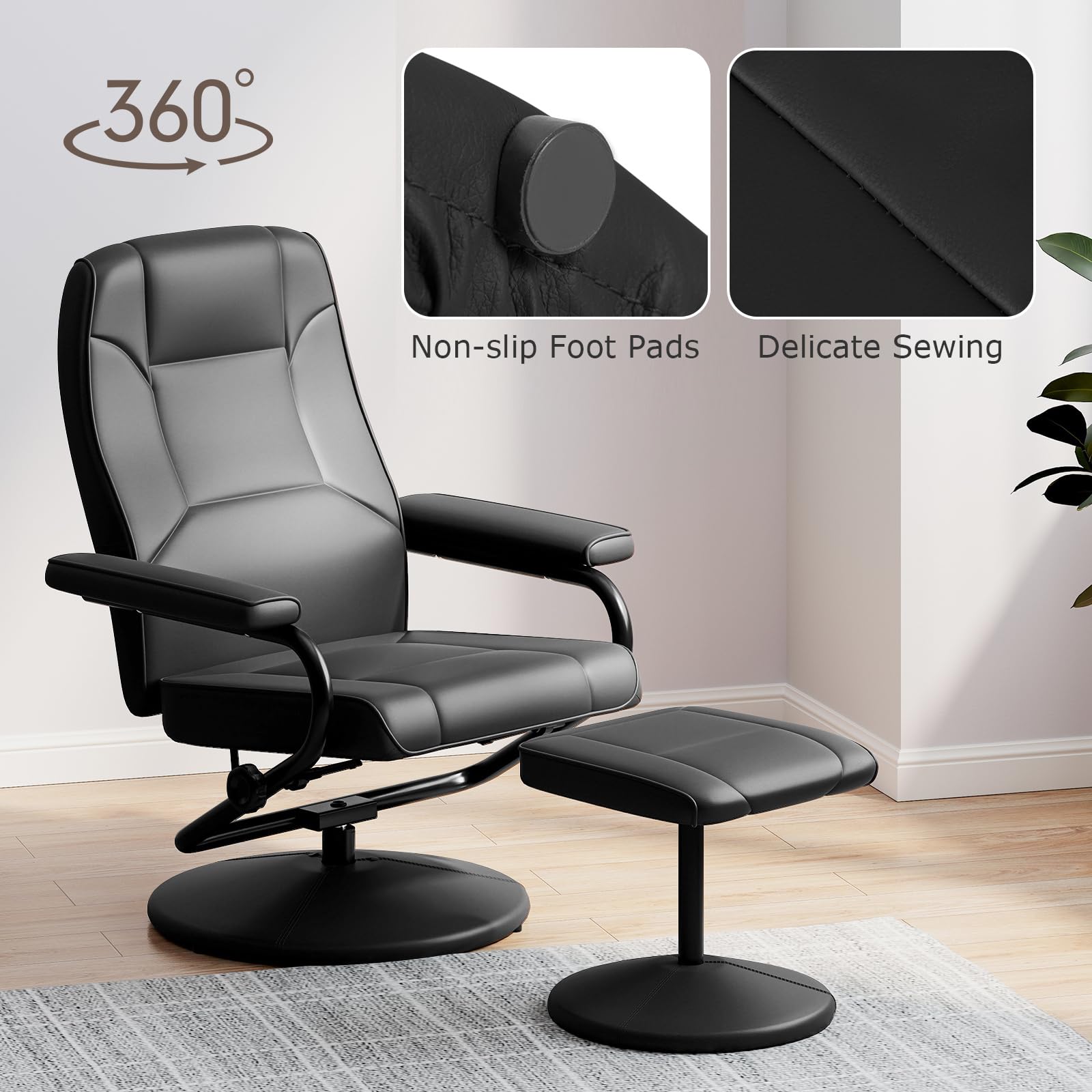 KOMFOTT Recliner Chair with Ottoman, 360° Swivel Faux Leather Reclining Chair w/Adjustable Backrest, Footrest