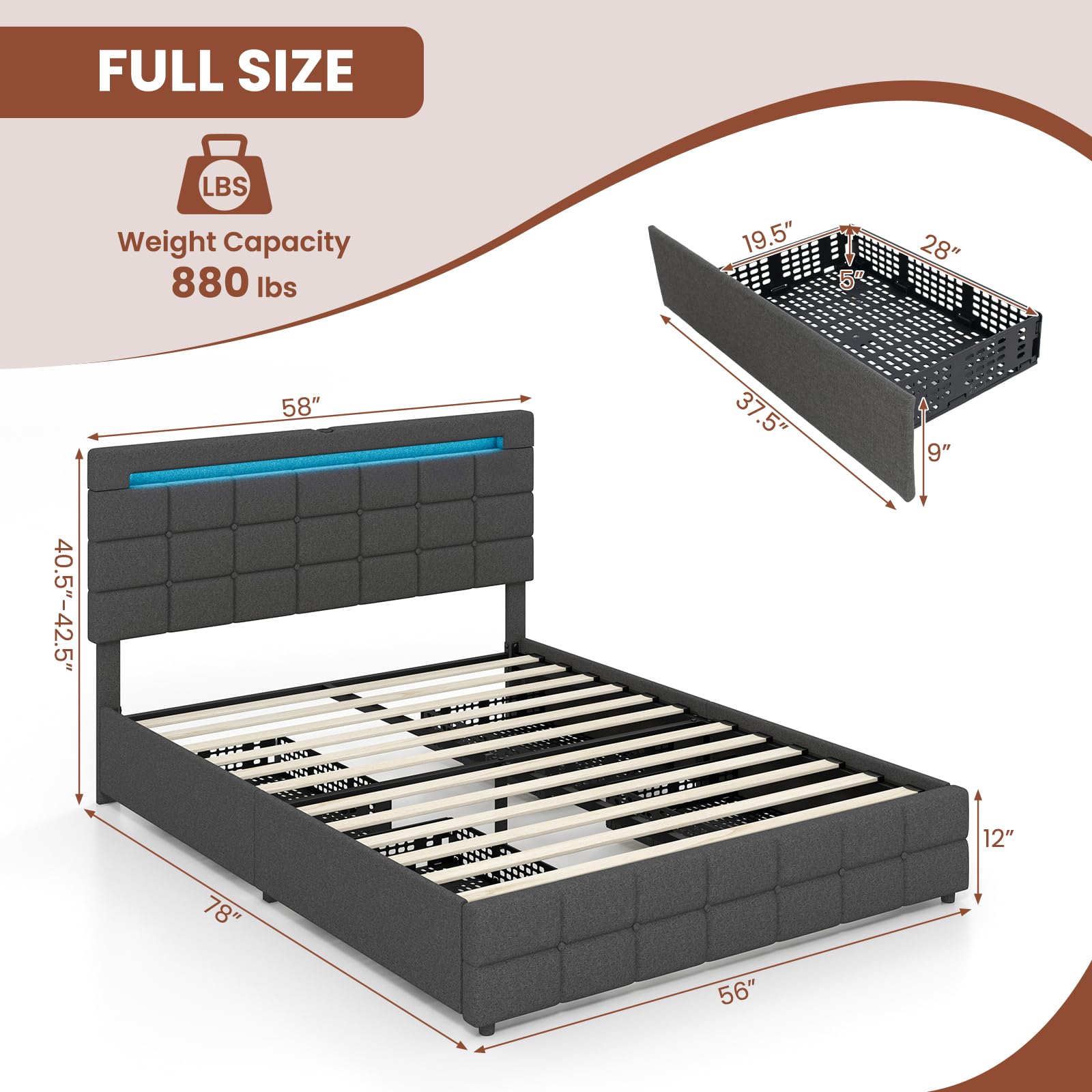 KOMFOTT Upholstered Bed Frame with LED Lights and 4 Drawers, Height Adjustable Headboard with USB Ports