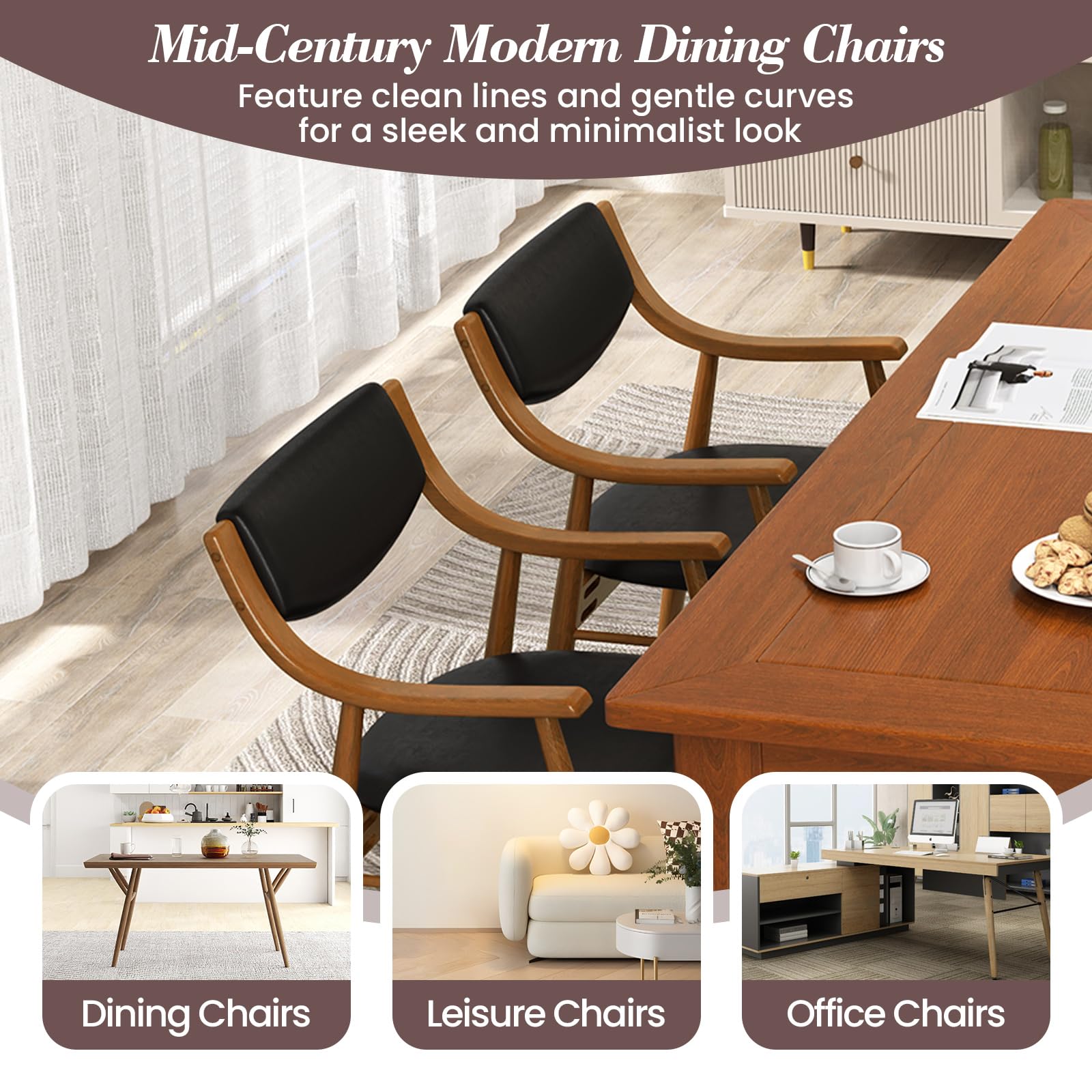 KOMFOTT Wooden Dining Chairs Set of 2/4, PU Leather Upholstered Kitchen Chairs w/Padded Seat & Back, Rubber Wood Frame