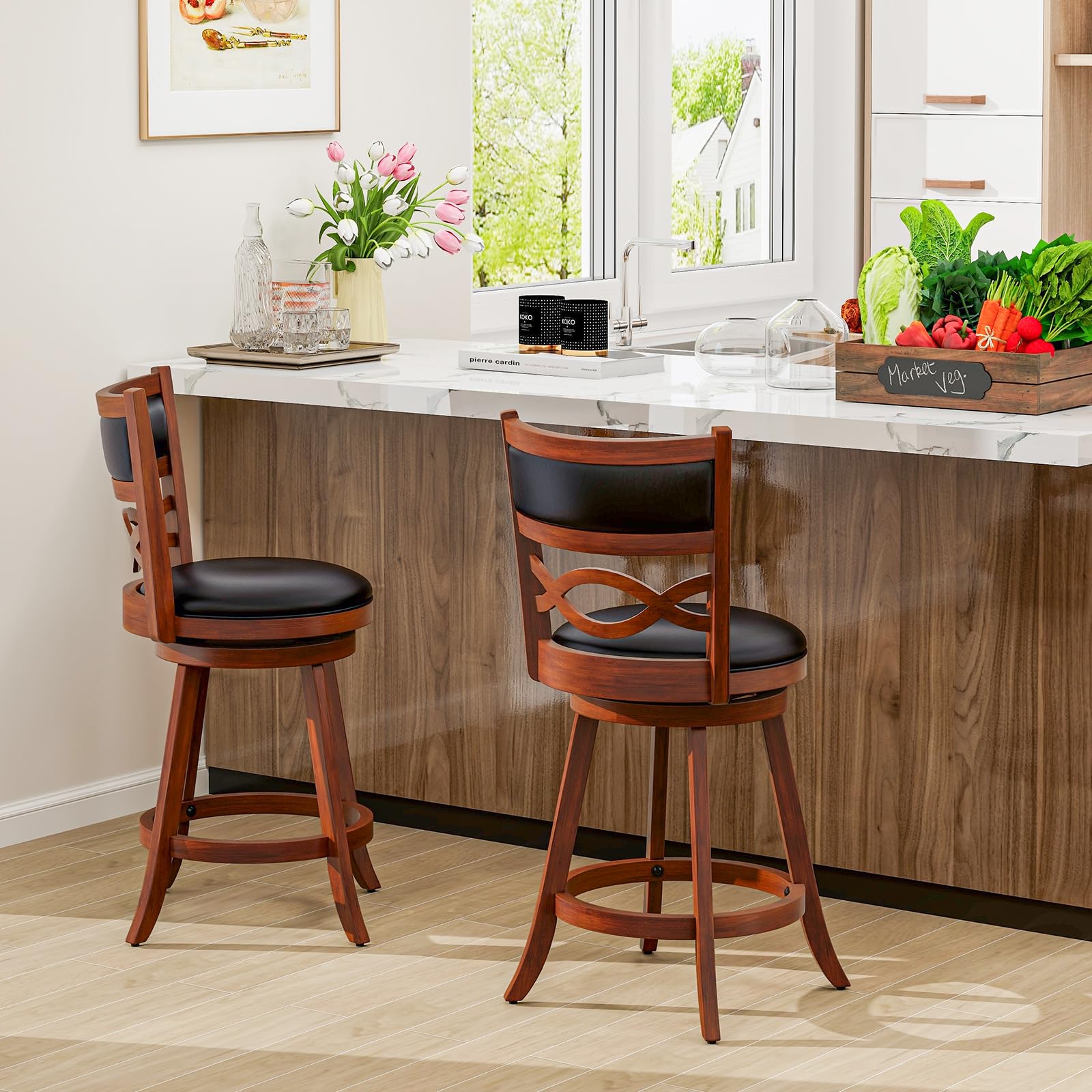 KOMFOTT Bar Stools Set of 2/4, 24.5” Counter Height Stools with Rubber Wood Frame, Faux Leather Upholstered Seat and Backrest