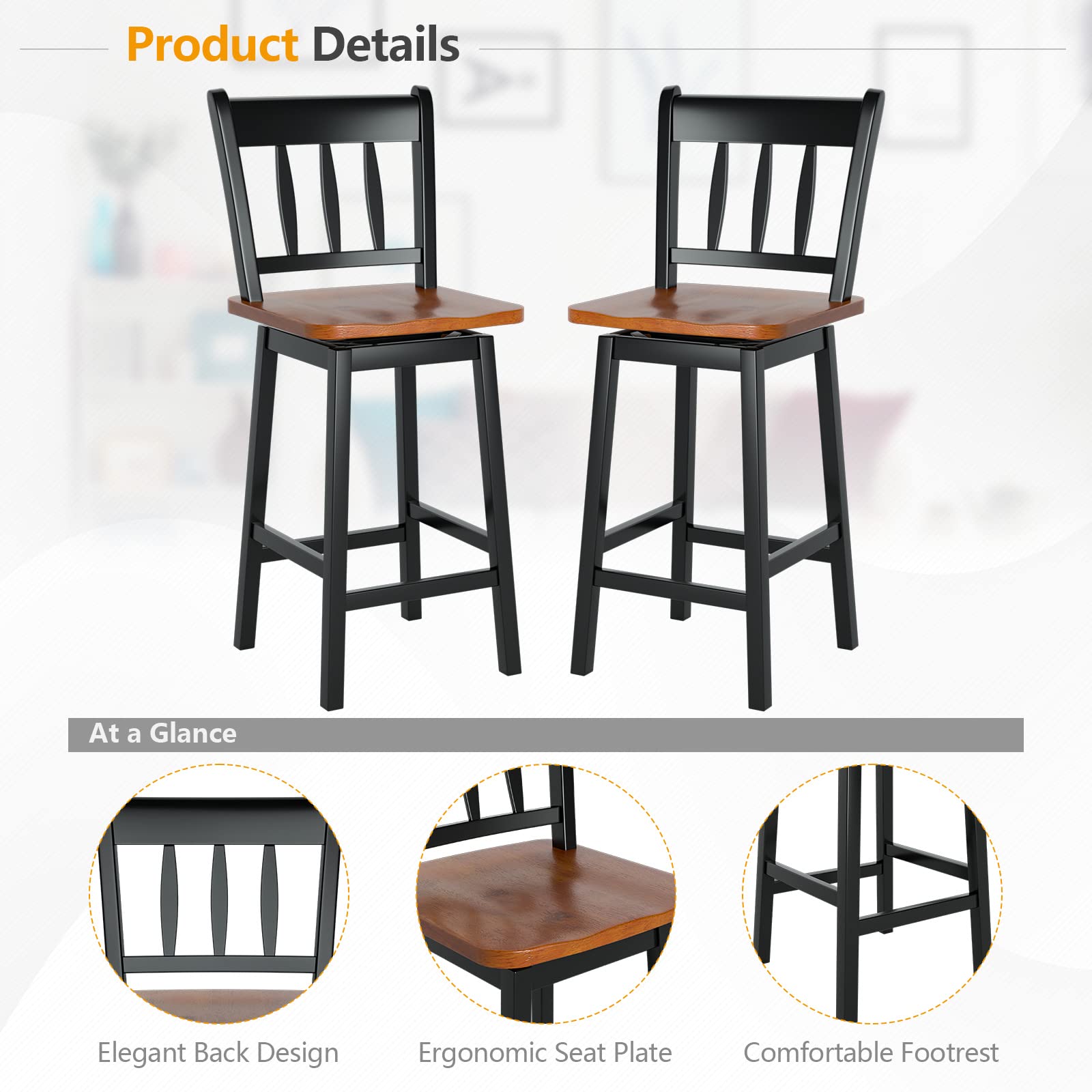 KOMFOTT Bar Stools Set of 2/4, 24.5 Inch Solid Rubber Wood Bar Chairs with 360 °Swiveling, Footrest