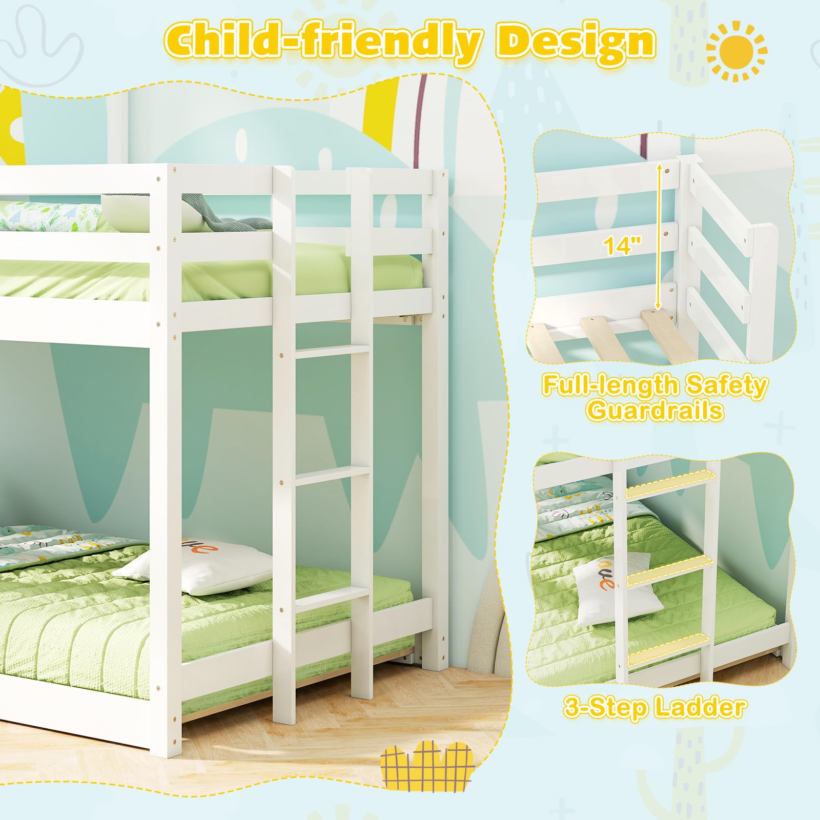 KOMFOTT House Bunk Bed Twin Over Twin, Solid Wood Floor Bunk Bed with Built in Ladder, Window & Safety Guardrail