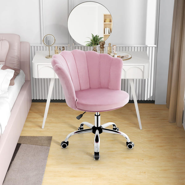 KOMFOTT Velvet Office Desk Chair Pink, Modern Vanity Chair with Seashell Back