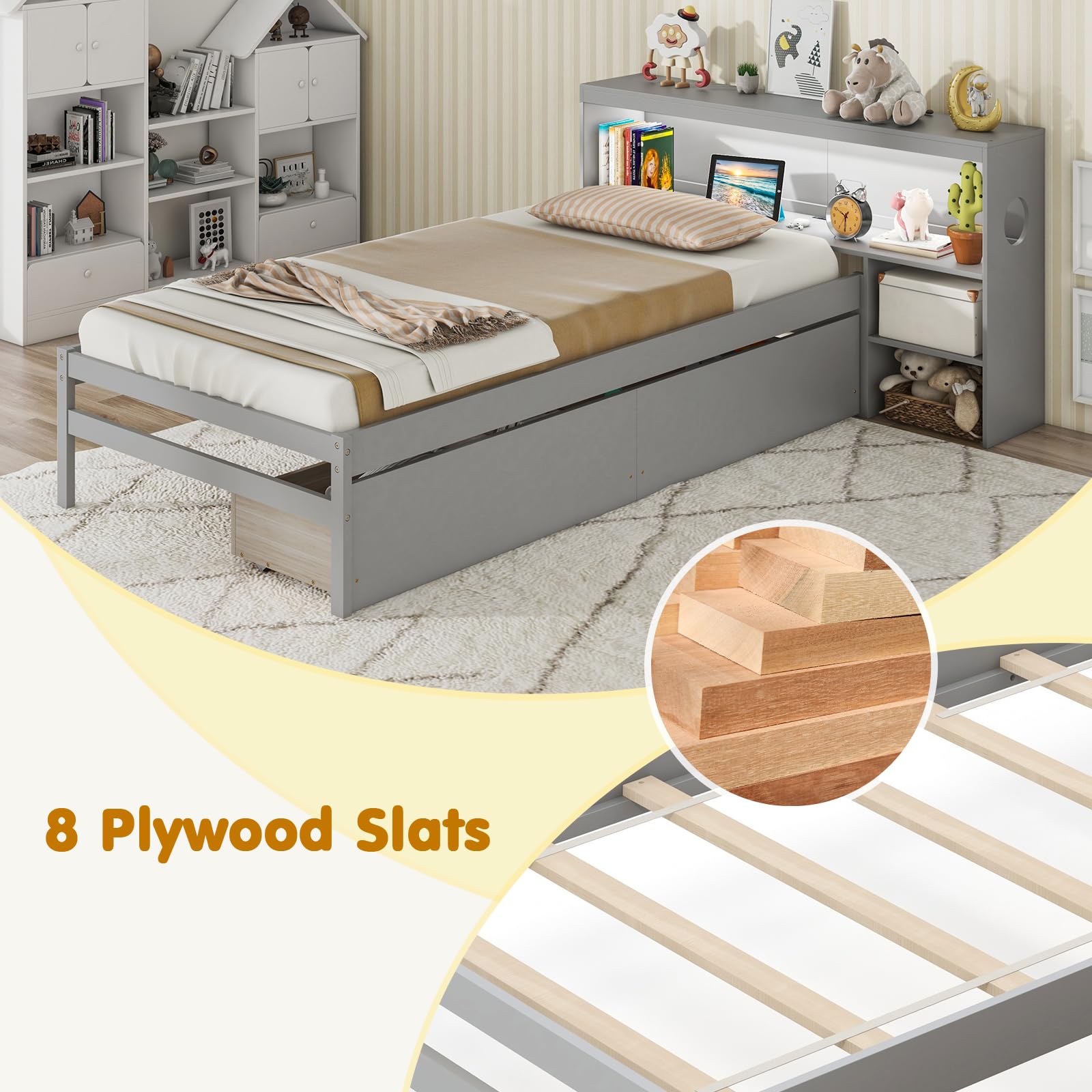 KOMFOTT Twin Wood Platform Daybed with 2 Drawers & Charging Station