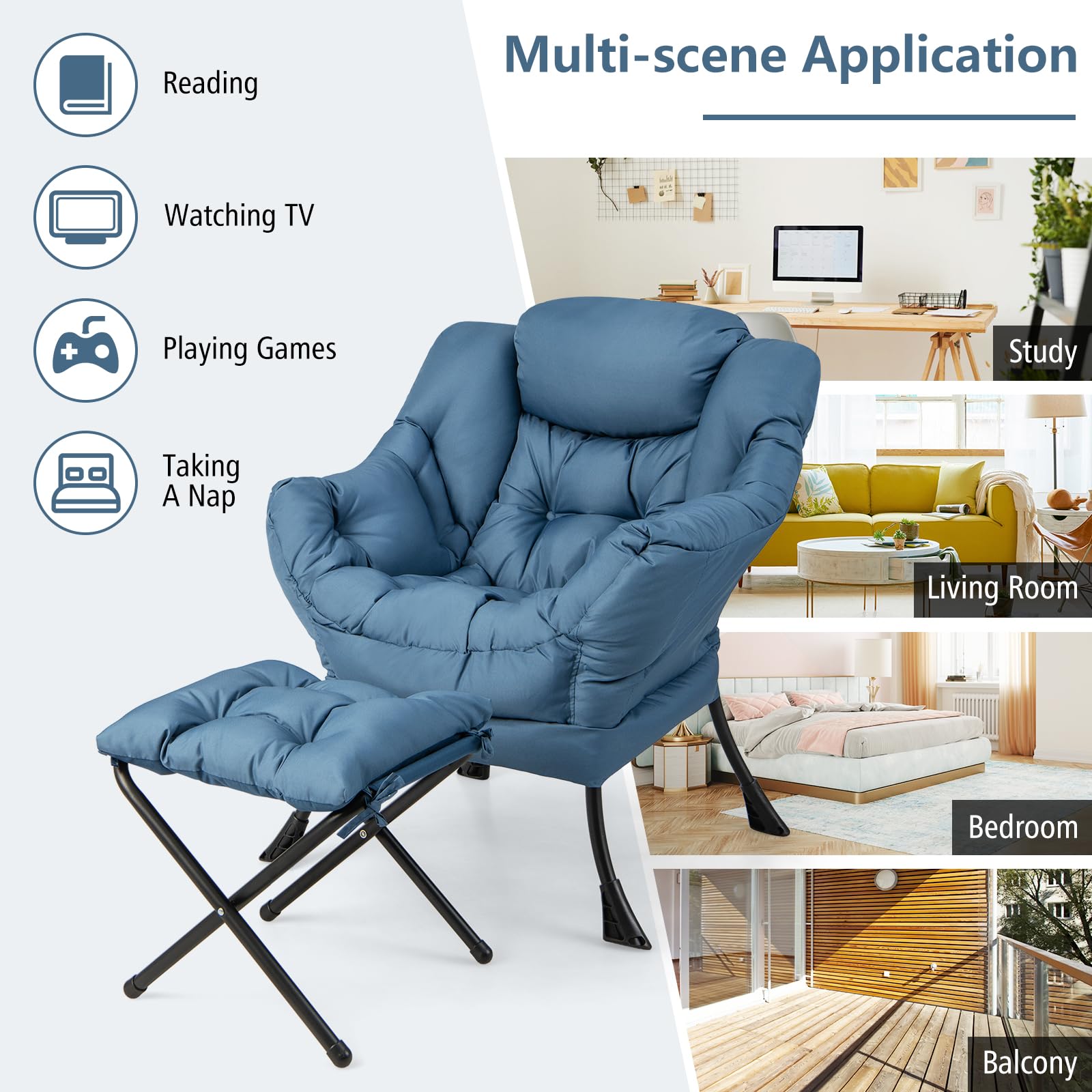 KOMFOTT Lazy Sofa Chair with Ottoman, Leisure Upholstered Reading Chair with Armrests & Side Pocket