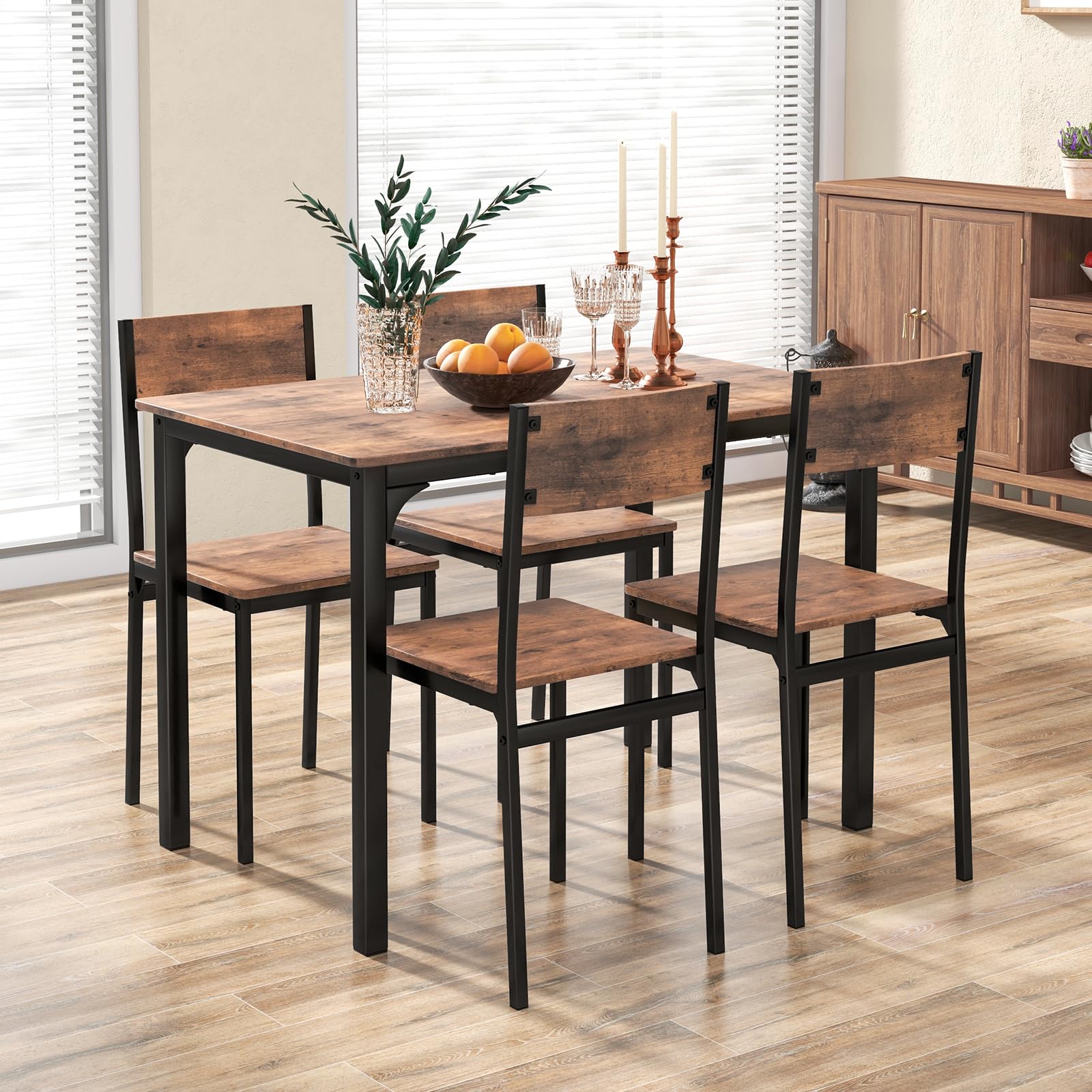 KOMFOTT 5-Piece Dining Table Set, Industrial Kitchen Table and Chairs for 4 with Backrest and Metal Frame, Rectangular Space-Saving Dinette Set