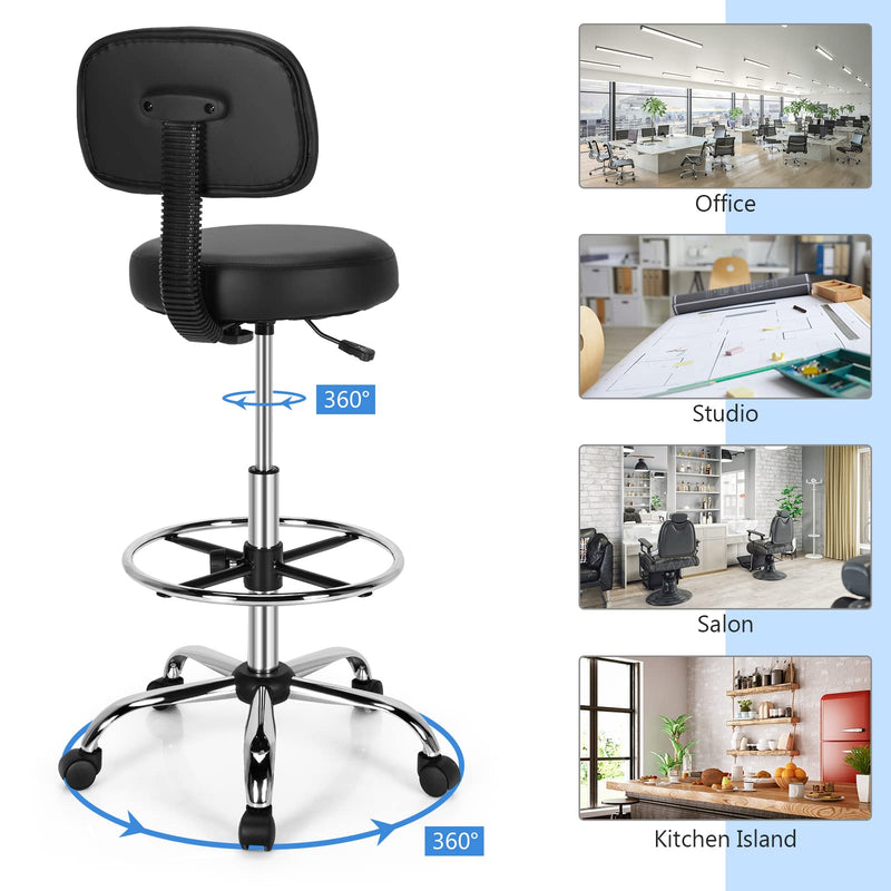 KOMFOTT PU Leather Drafting Chair, Tall Office Chair with Retractable Mid Back, Standing Desk Chair with Adjustable Foot Ring