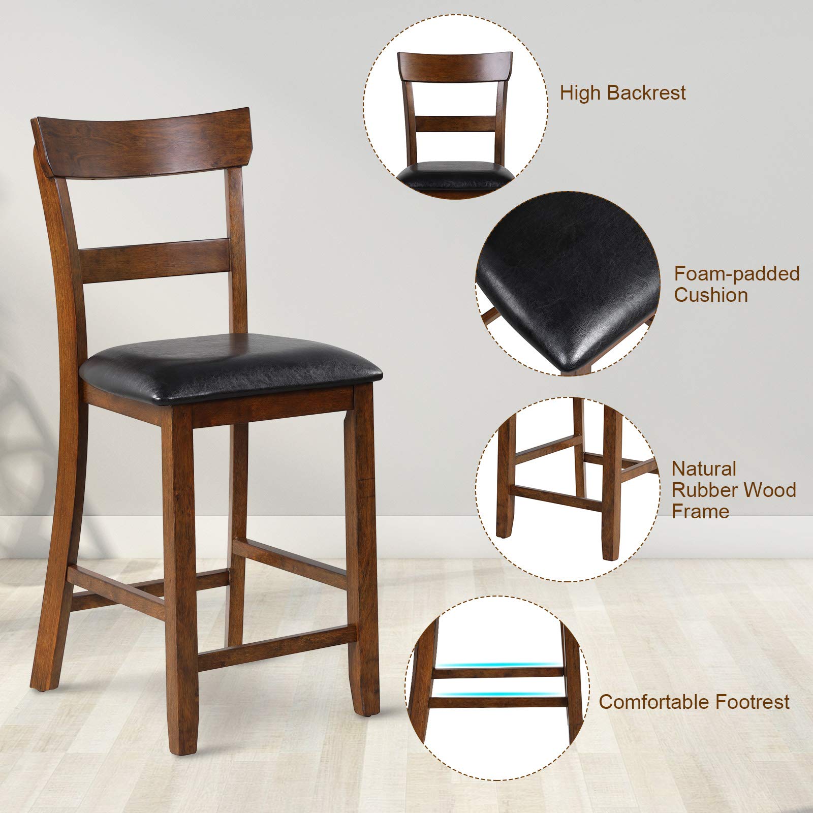 KOMFOTT Bar Stools Set of 2/4, 25.5-Inch Counter Height Chair with Backrest, Foam-Padded Cushion, Rubber Wood Legs