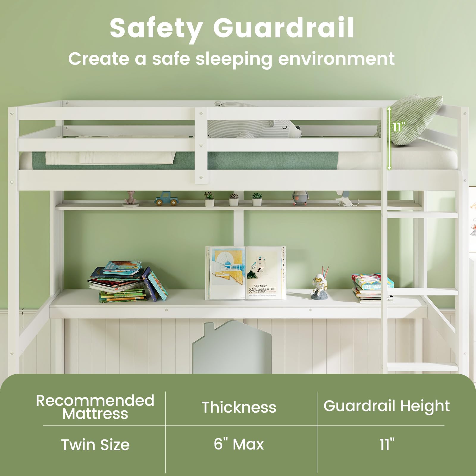 KOMFOTT Twin Size Loft Bed with Desk, Bookshelf, Full Length Safety Guardrail & Ladder