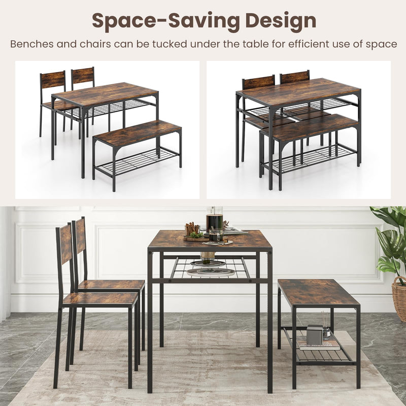 KOMFOTT Dining Table Set for 4, Industrial Rectangular Table w/ 2 Chairs, 1 Bench, Storage Racks, Sturdy Metal Frame