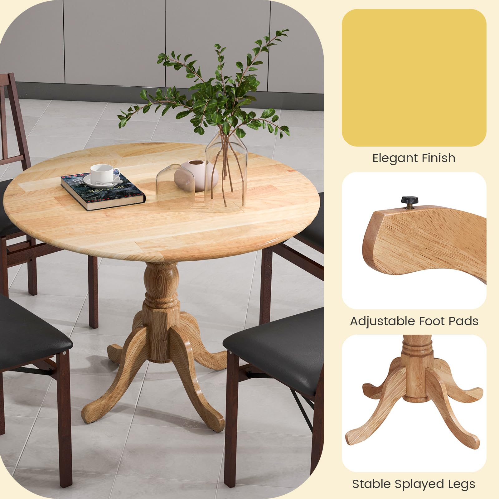 KOMFOTT Round Dining Table, 40" D X 29" H, Rubber Wood Pedestal Table W/Round Tabletop & Curved Trestle Legs