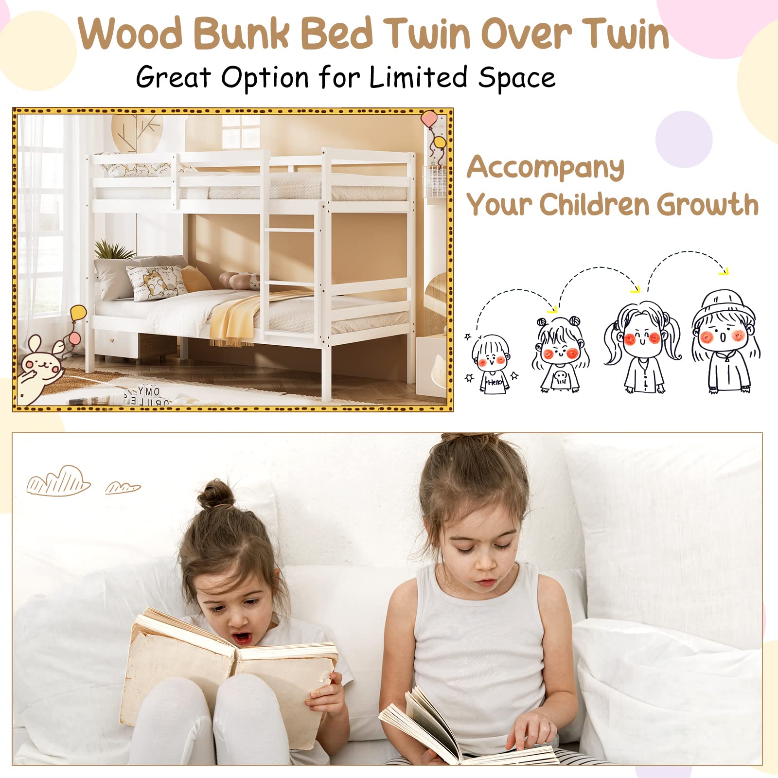 KOMFOTT Wood Bunk Bed Twin Over Twin with Ladder & Safety Guardrail