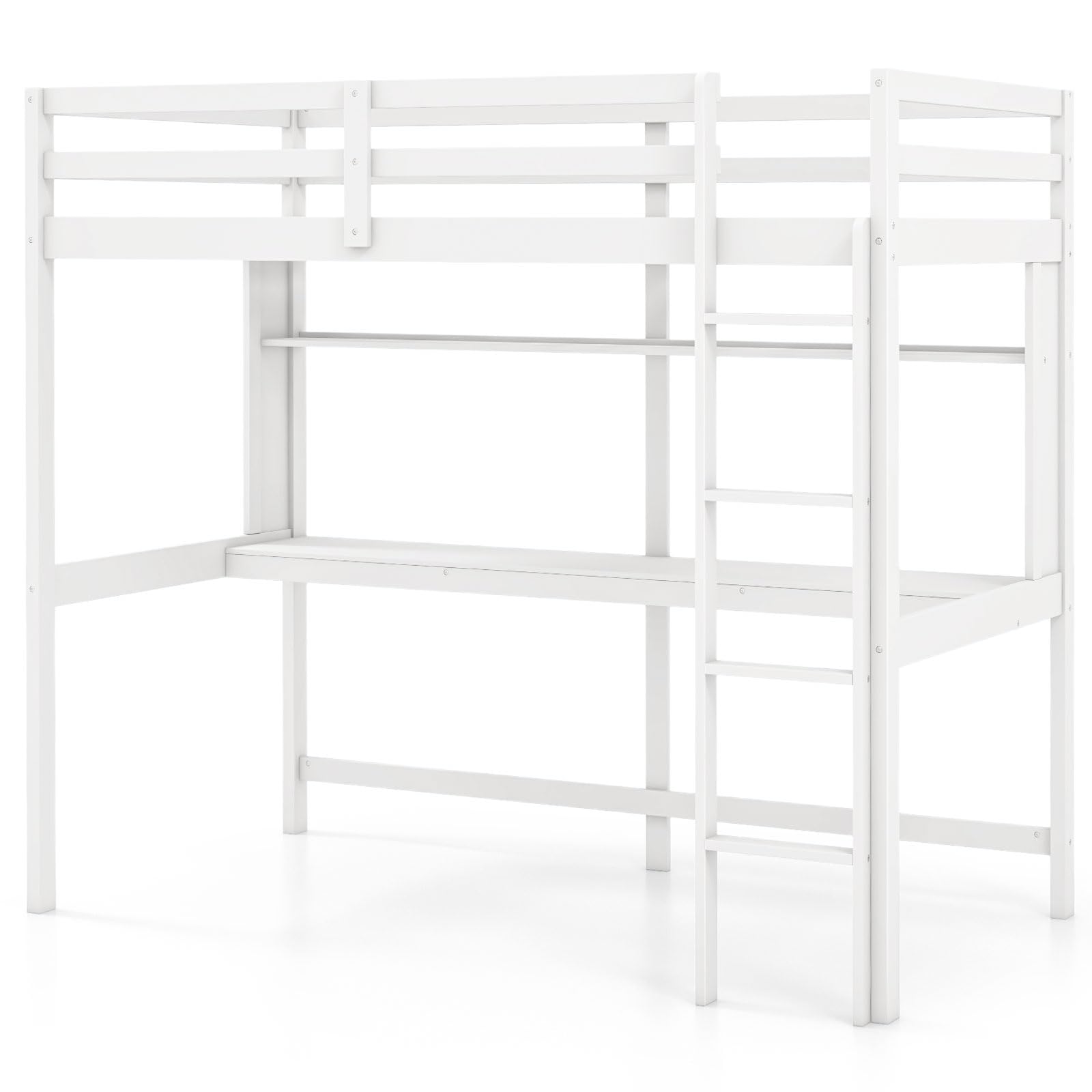 KOMFOTT Twin Loft Bed with Desk and Bookshelf, Solid Wood Loft Bed Frame with Full Length Safety Guardrail & Ladder