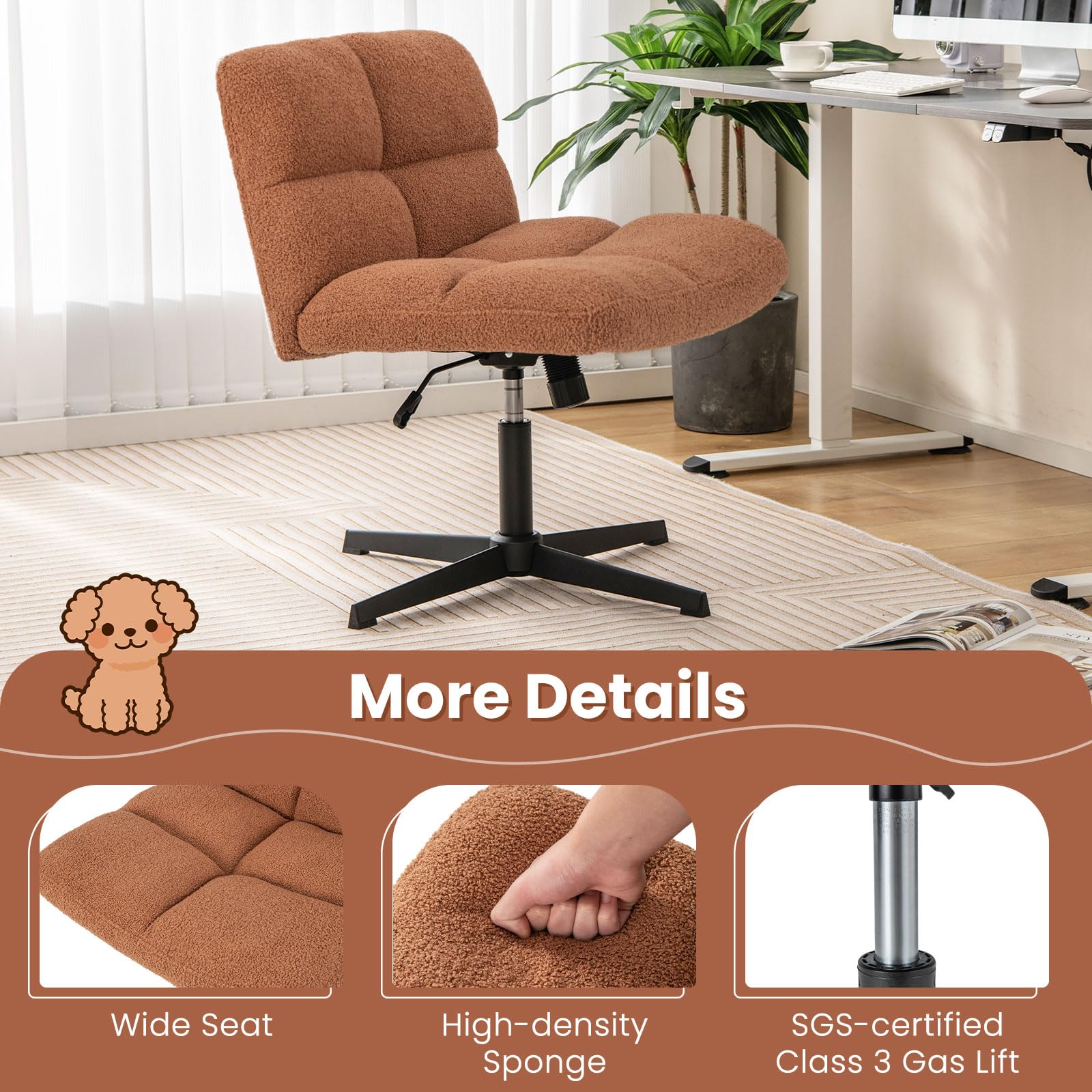 KOMFOTT Criss Cross Chair, Faux Fur Armless Cross Legged Office Desk Chair, Height Adjustable Computer Swivel Task Chair