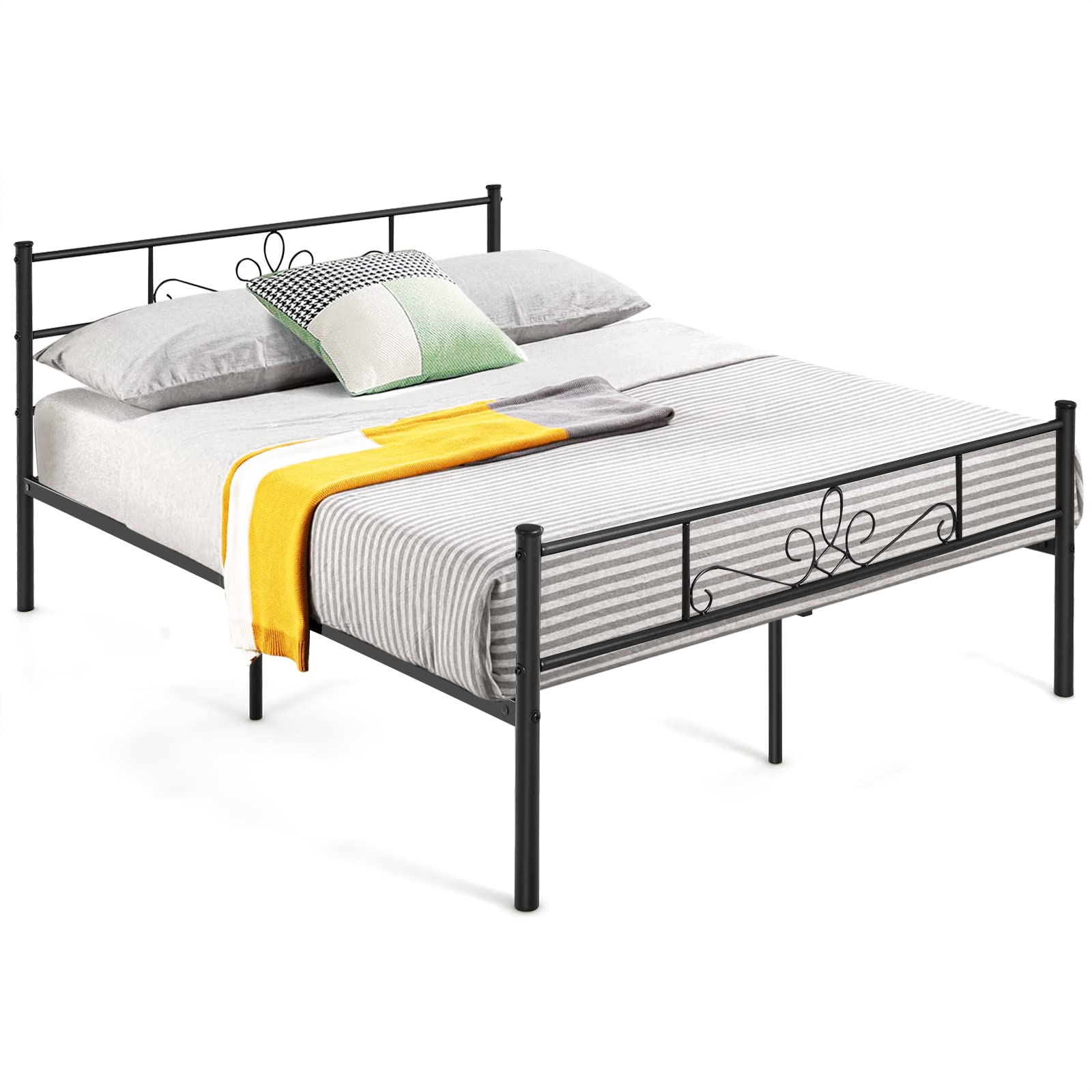 KOMFOTT Metal Platform Bed Frame with Headboard & Footboard, Reinforced Metal Slats Supported Mattress Foundation