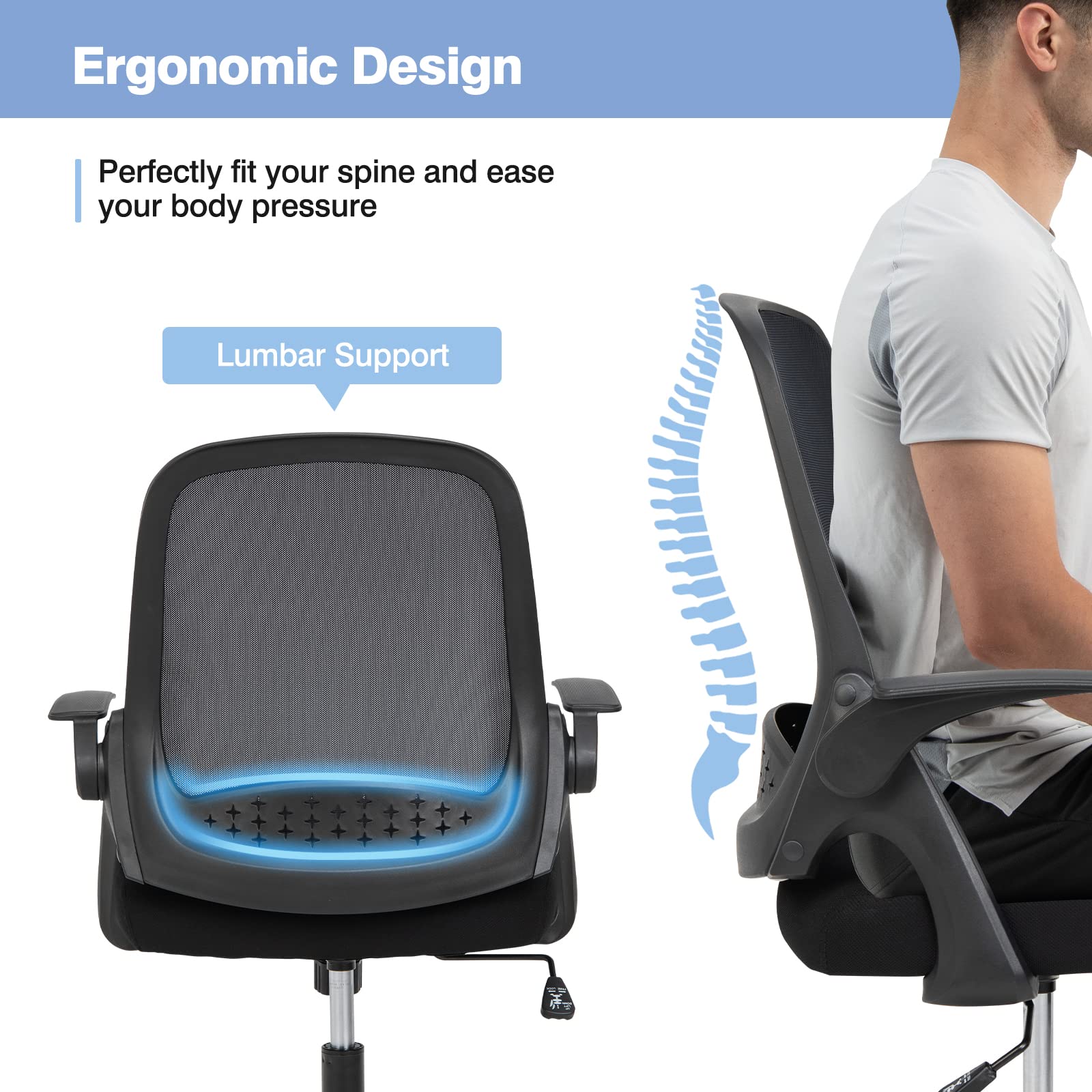 KOMFOTT Mid-Back Height Adjustable Swivel Mesh Office Chair with Flip-up Armrests, Lumbar Support