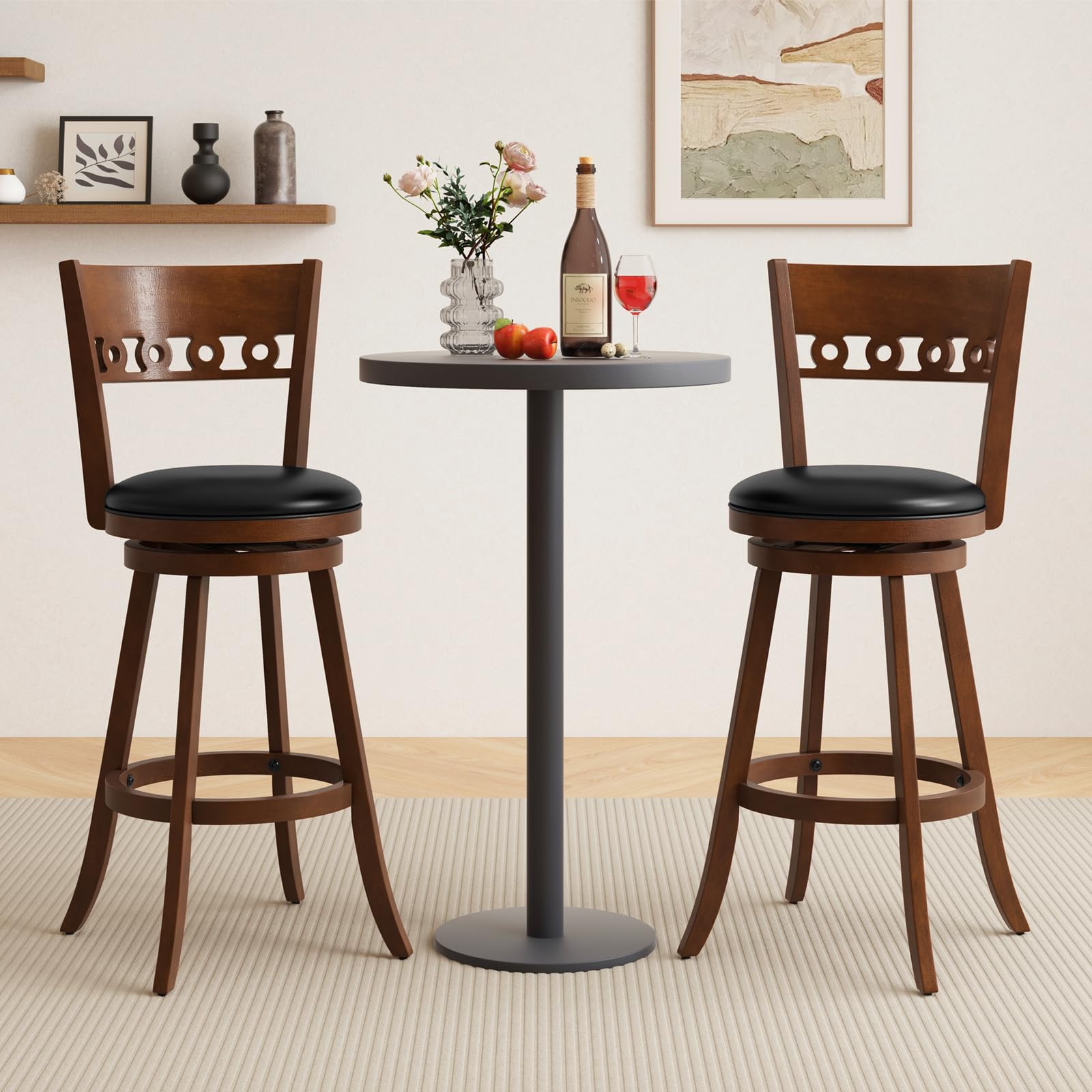 KOMFOTT Swivel Bar Stools Set of 2/4, Bar Chairs with Back, Rubber Wood Frame