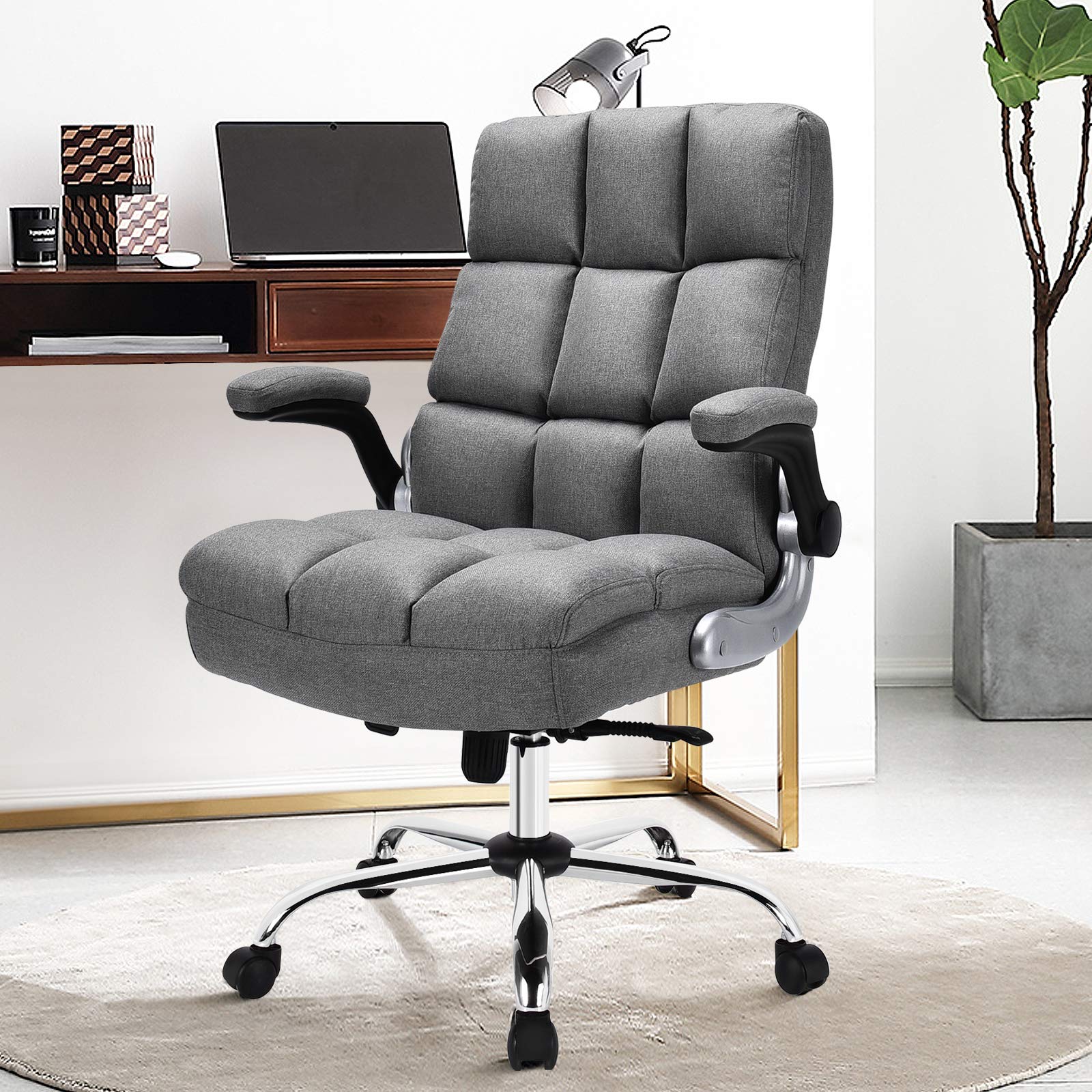 KOMFOTT Executive Office Chair, Adjustable Tilt Angle and Flip-up Armrest Linen Fabric Upholstered Chair with Thick Padding