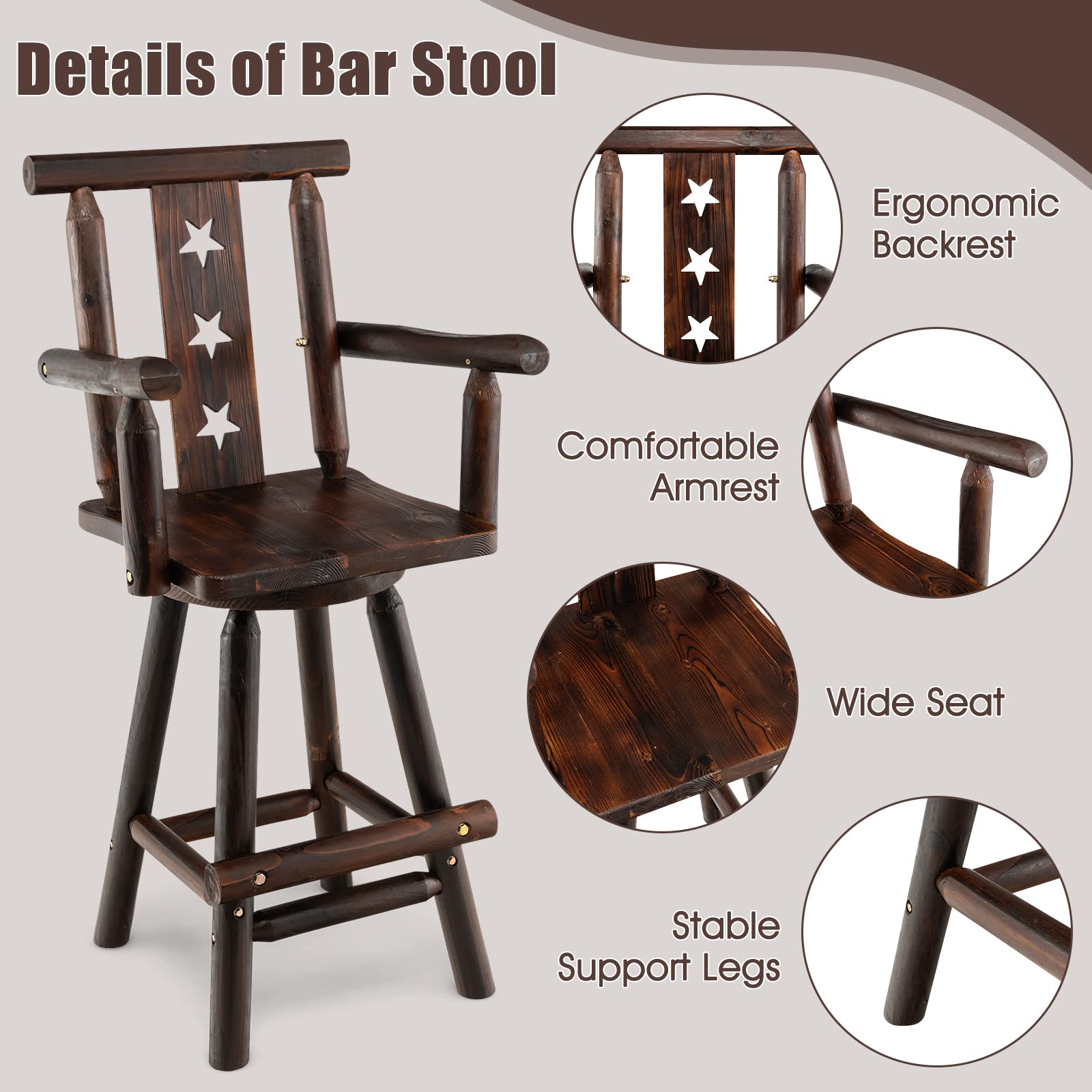 KOMFOTT Bar Stools Set of 2, 29’’ Solid Fir Wood Bar Chair with Footrest, Decorative Star Backrest, Wide Armrest