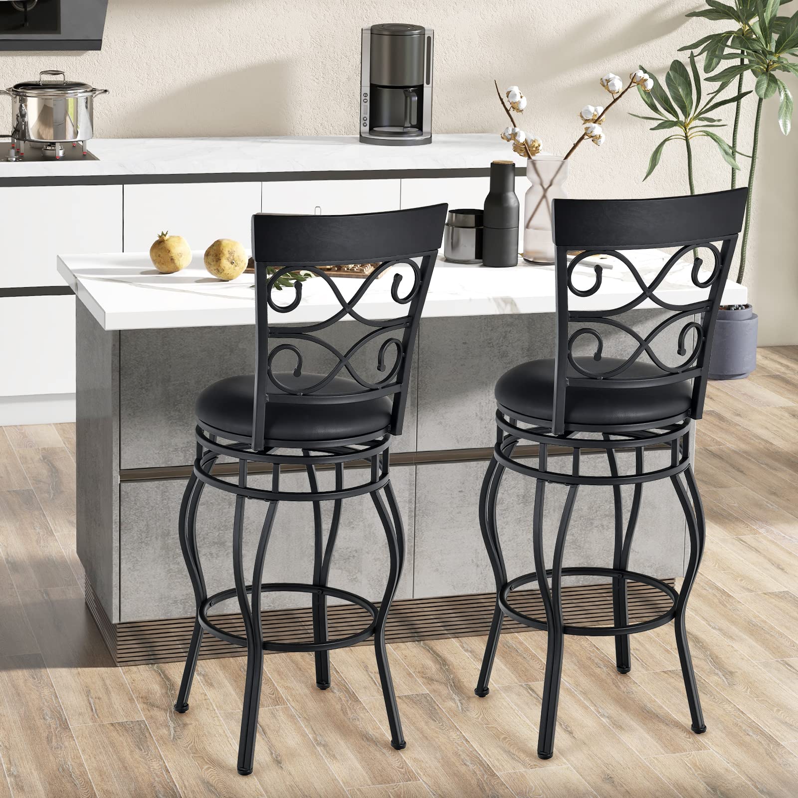 KOMFOTT Bar Stools Set of 2/4, 360 Degree Swivel, 26" & 30" Bar Height Bar Stools, Leather Padded Seat