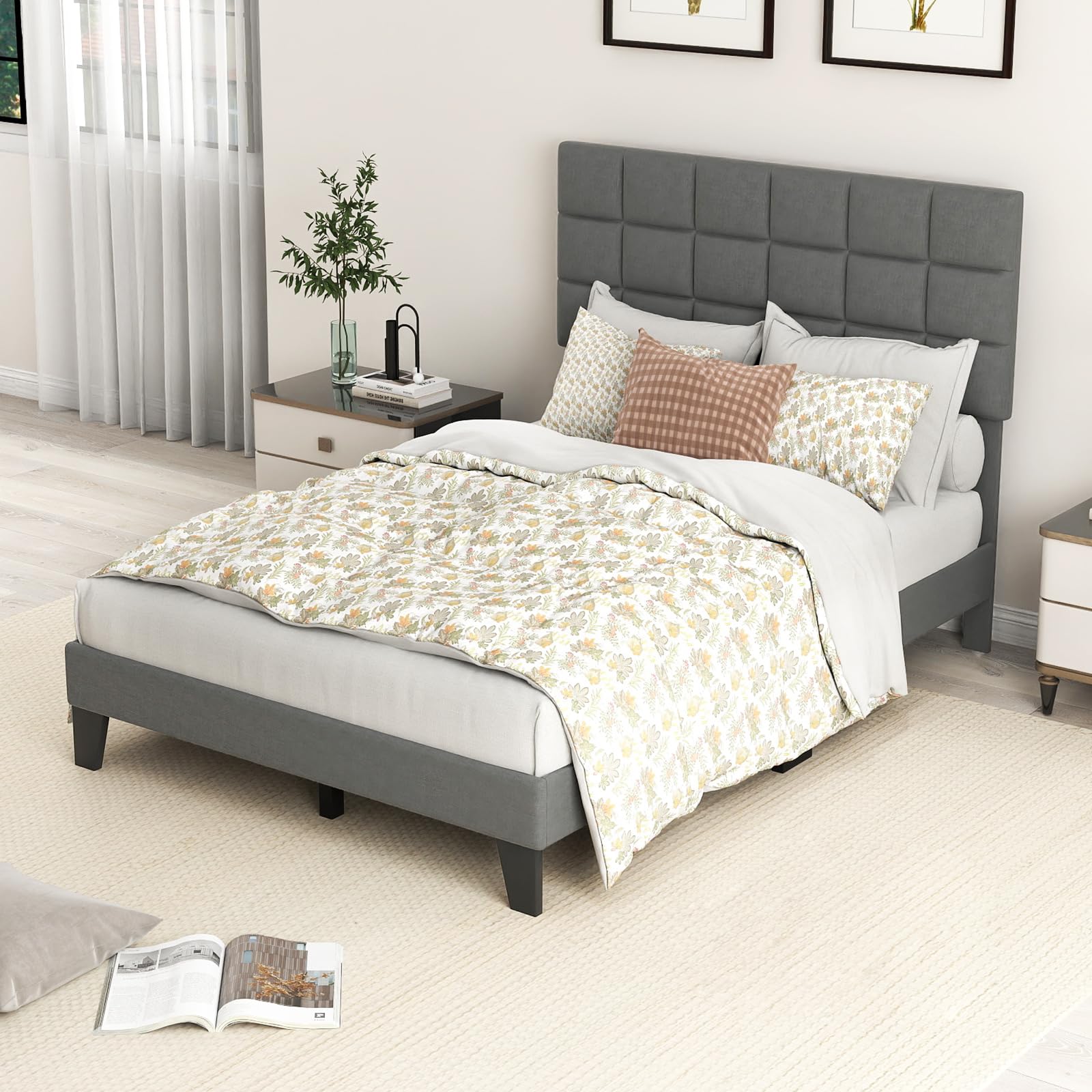 KOMFOTT Linen Fabric Upholstered Bed Frame with Adjustable Headboard & Wooden Slat Support