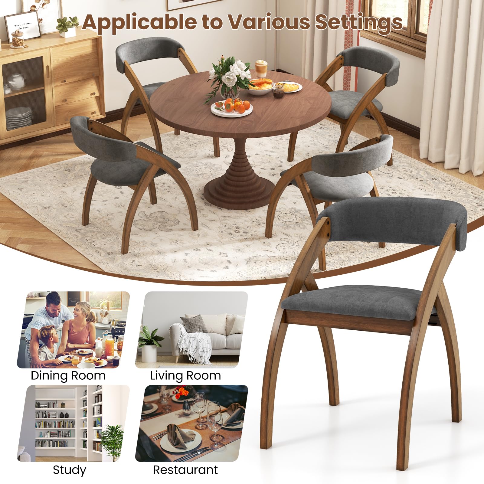 KOMFOTT Wooden Dining Chairs Set of 2/4, Upholstered Kitchen Chairs w/Arched Rubber Wood Legs, Padded Cushion & Curved Back