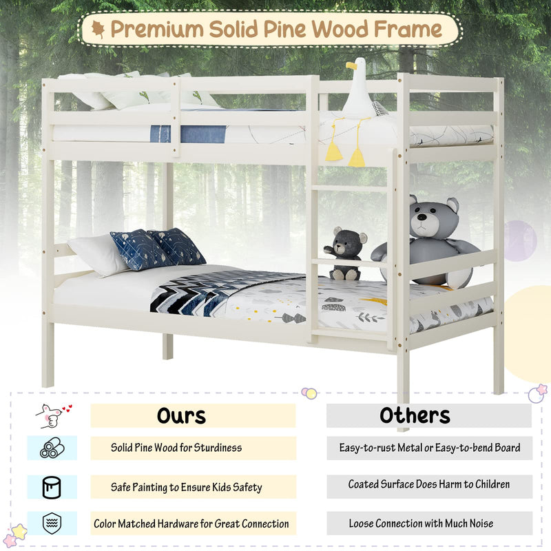 KOMFOTT Wood Bunk Bed Twin Over Twin, Bunk Bed with Ladder & Safety Guardrail, Solid Wood Bed Frame