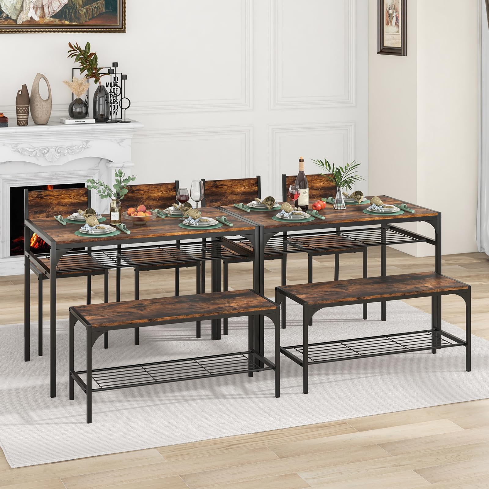 KOMFOTT Dining Table Set for 4, Industrial Rectangular Table w/ 2 Chairs, 1 Bench, Storage Racks, Sturdy Metal Frame