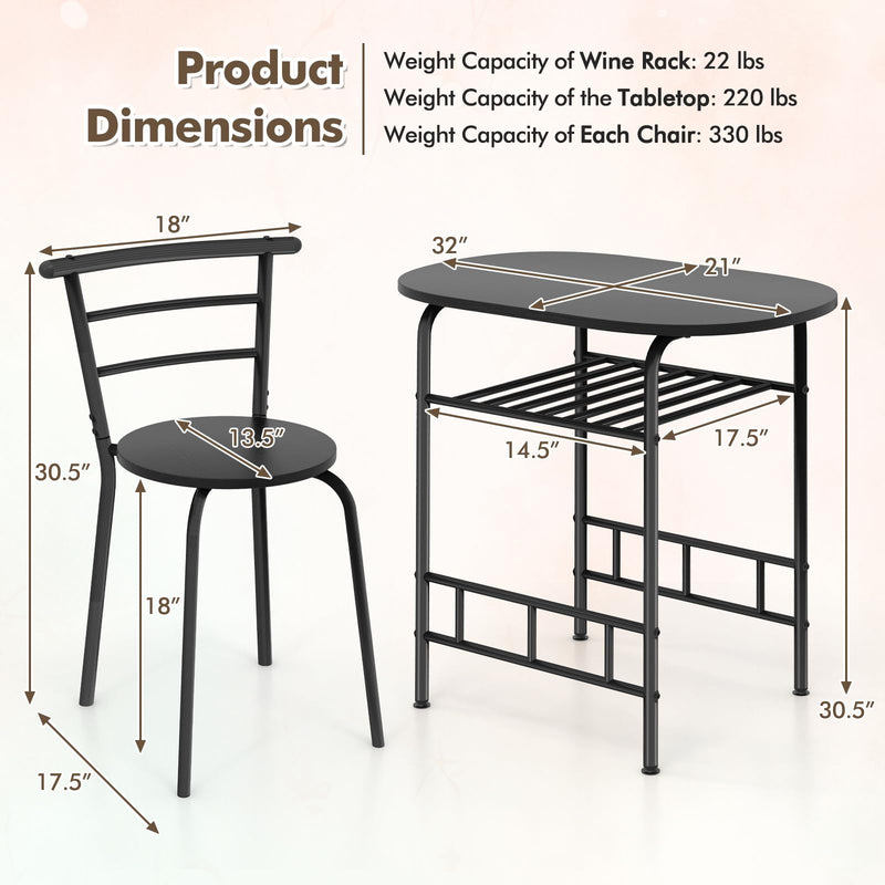 KOMFOTT 3 Piece Dining Set Compact 2 Chairs and Table Set with Metal Frame and Shelf Storage