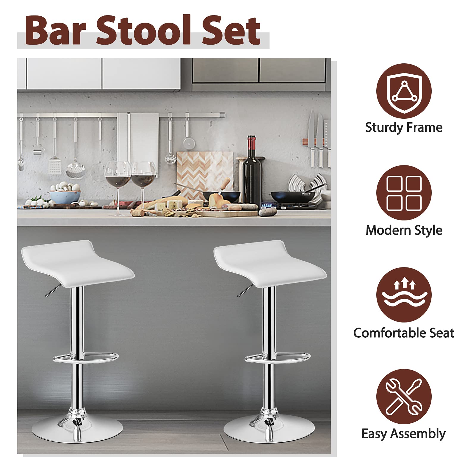 KOMFOTT Bar Stools Set of 2/4, Adjustable Swivel PU Leather Barstools w/Footrest, Chrome Base