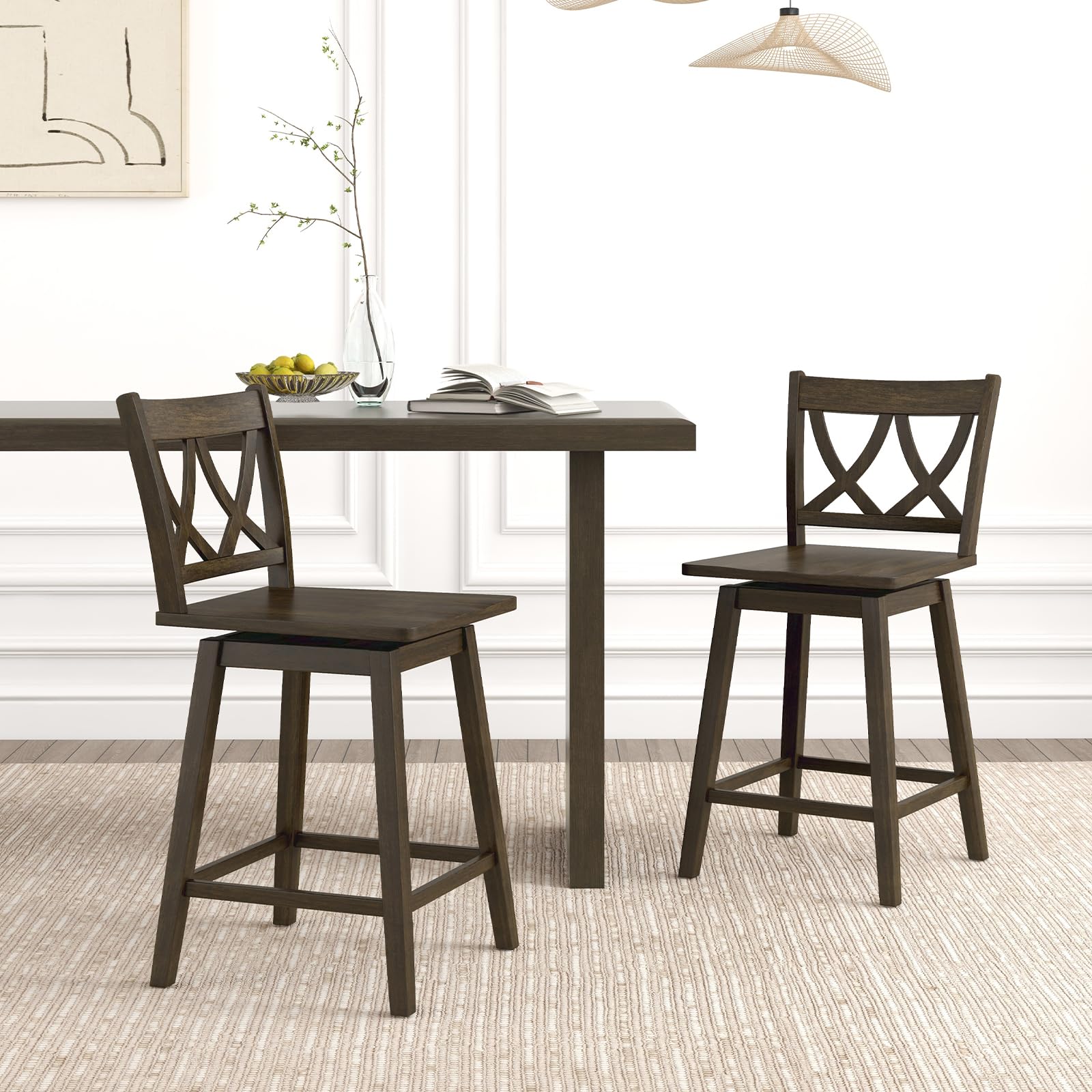 KOMFOTT Bar Stools Set of 2/4, Swivel Wooden Bar Chairs with Rubber Wood Frame, Footrest & Ergonomic Backrest