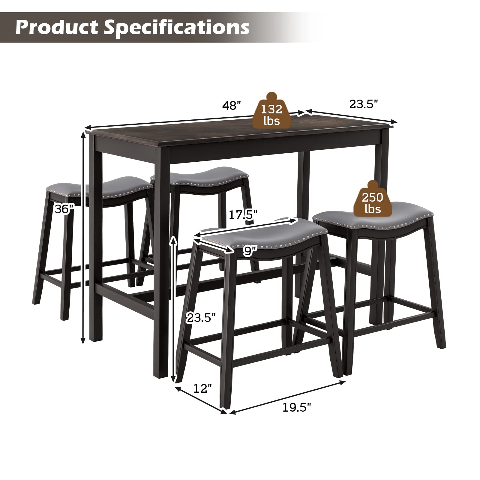 KOMFOTT Dining Table Set for 4, Kitchen Counter Height Table w/ 4 Stools, 5 Piece Bistro Table Set