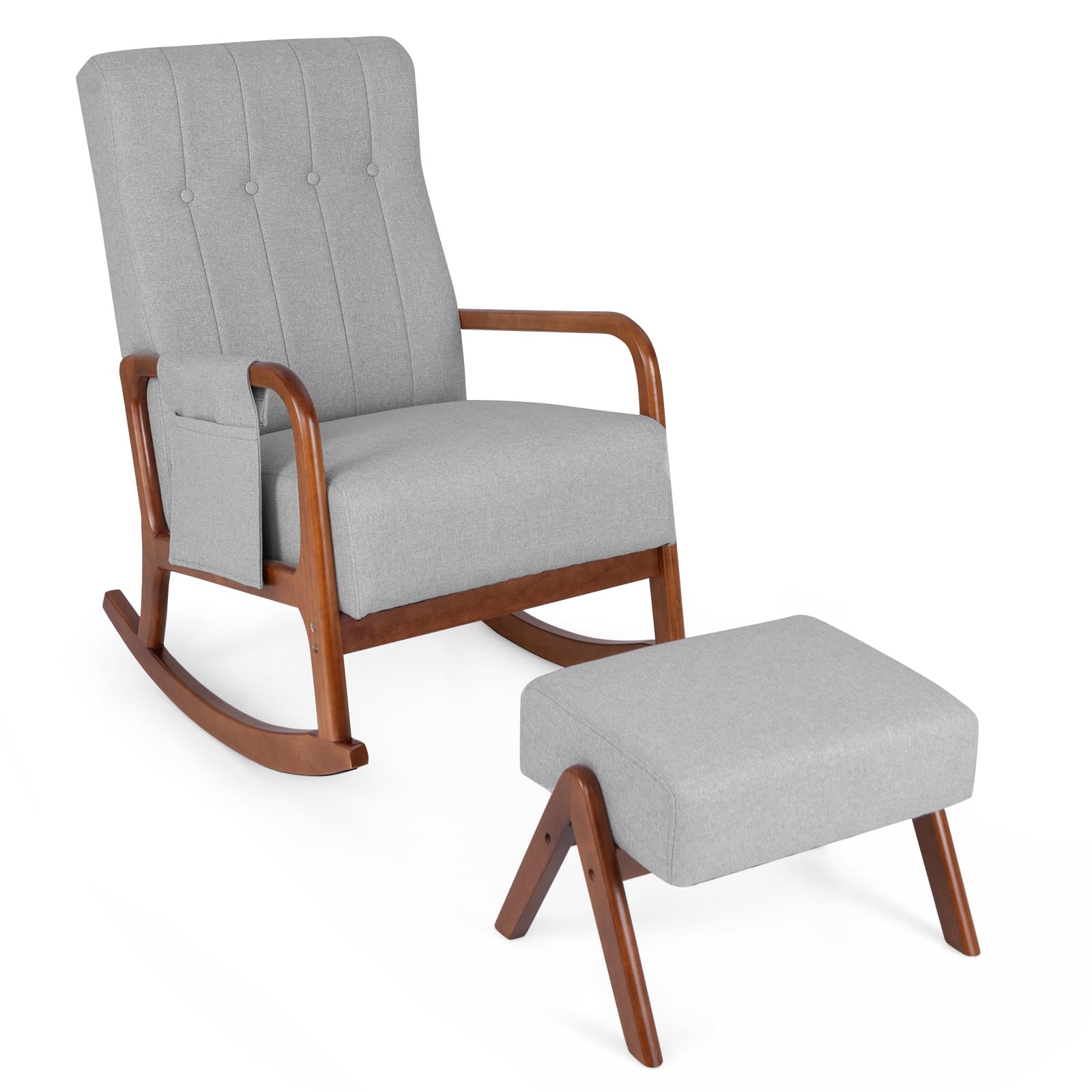 KOMFOTT Nursery Rocking Chair with Ottoman, Upholstered Rocker Chair with Side Pocket