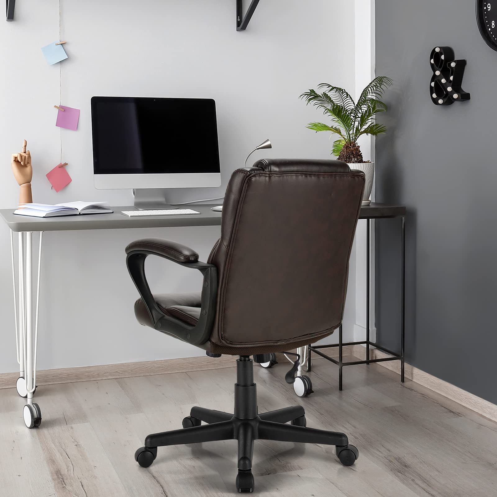 KOMFOTT Leather Modern Executive Chair, Ergonomic Mid Back Computer Desk Chair w/Padded Armrests