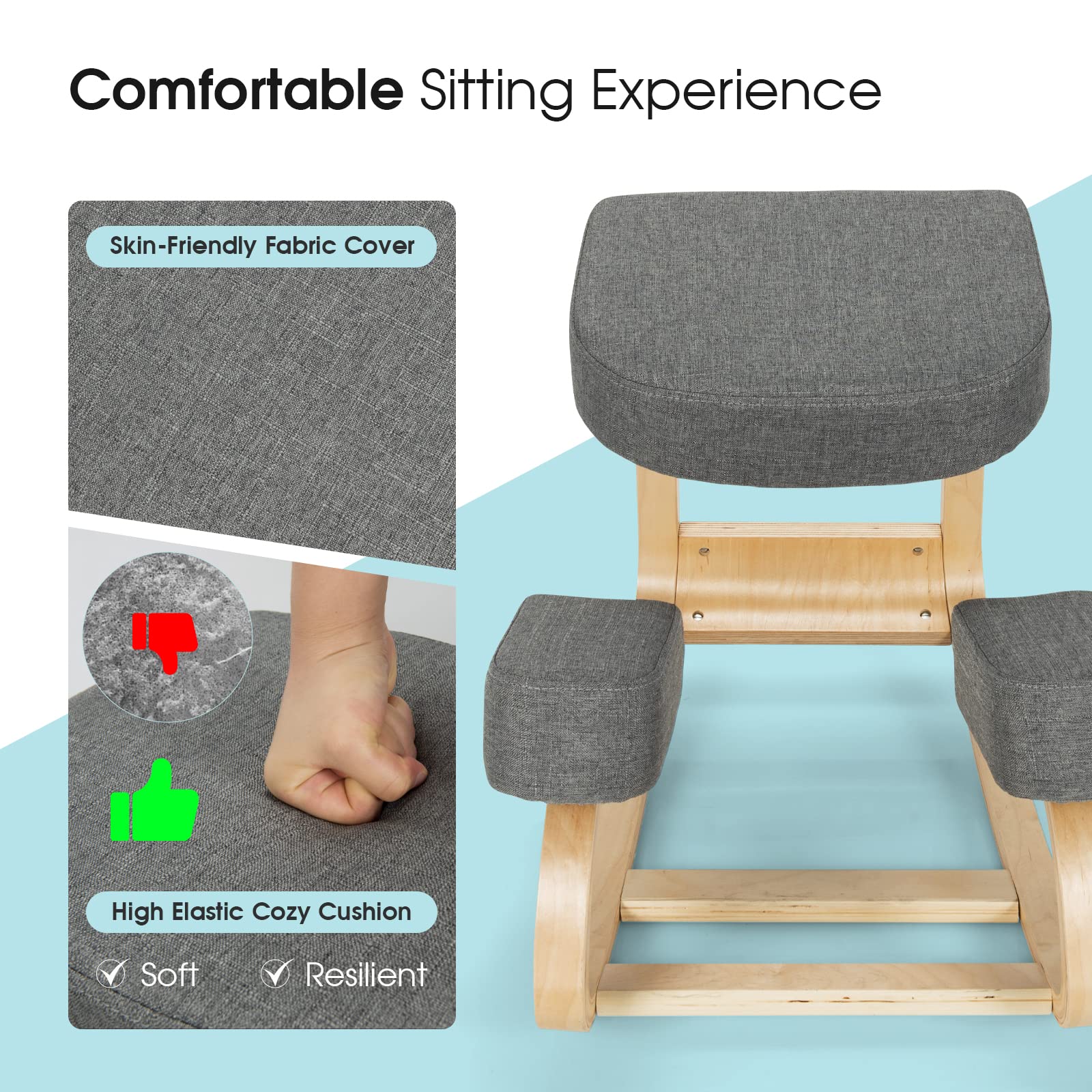 KOMFOTT Kneeling Chair, Wood Posture Chair, Max Load 330 Lbs, Rocking Knee Chair with Soft Cushion