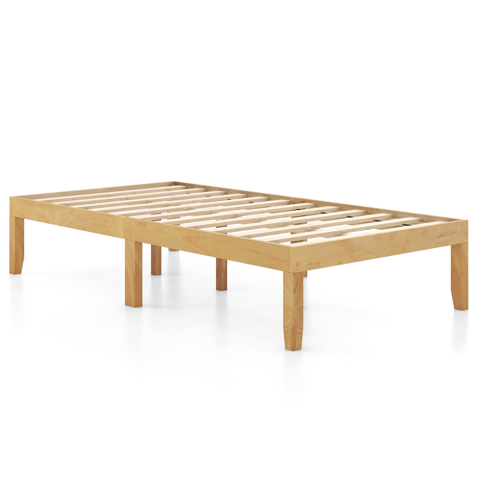 KOMFOTT Wood Platform Bed Frame, 14 Inches Wooden Mattress Foundation with Solid Rubber Wood Legs