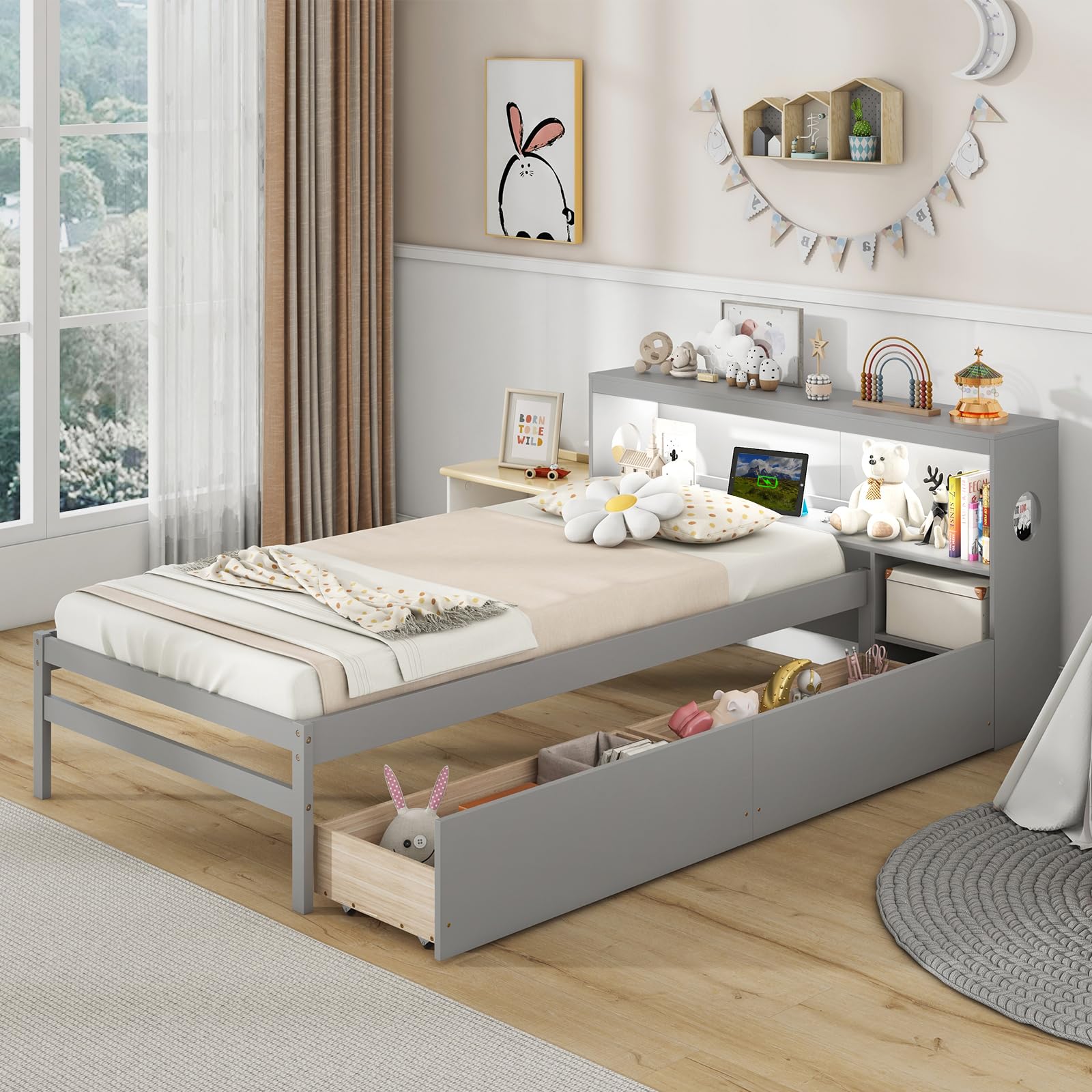 KOMFOTT Twin Wood Platform Daybed with 2 Drawers & Charging Station