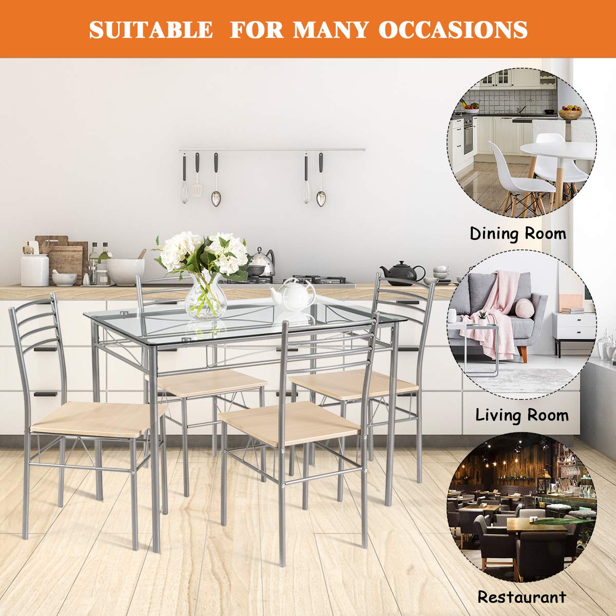 KOMFOTT 5 Piece Dining Table Set, Kitchen Dining Set with Tempered Glass Table Top and 4 Chairs