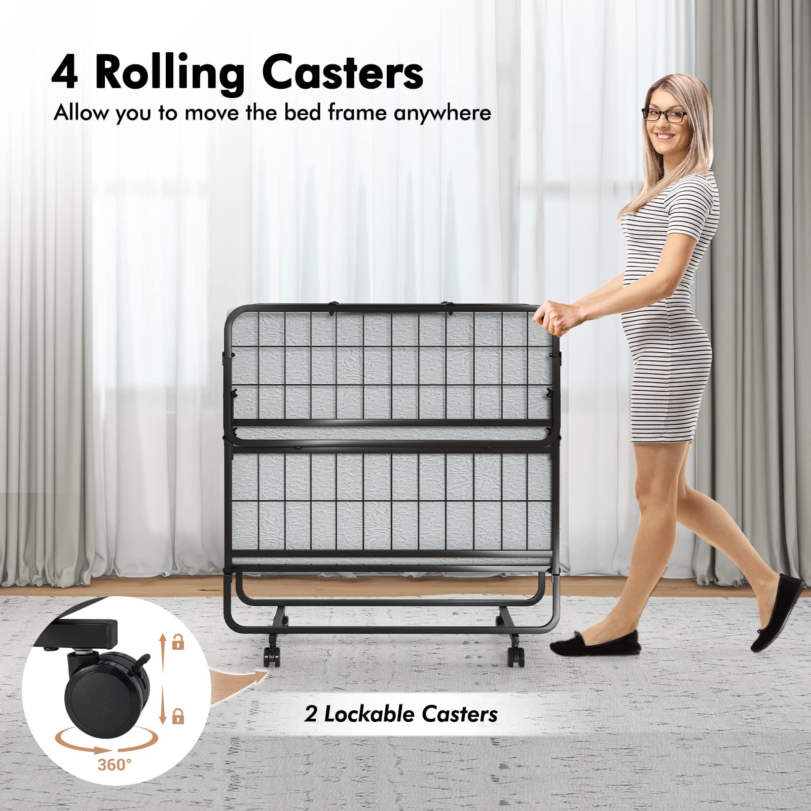 KOMFOTT Folding Rollaway Bed with 4" Mattress, Twin Size Portable Bed with Rolling Casters