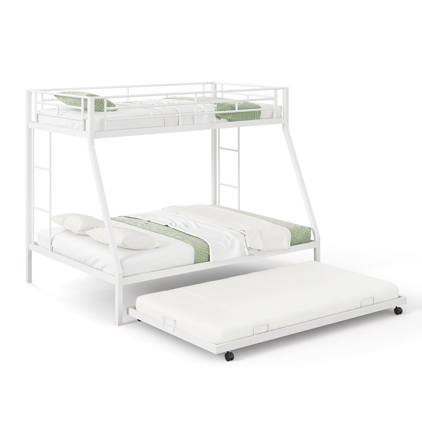 KOMFOTT Twin Over Full Bunk Bed with Trundle, Heavy-Duty Metal Bunk Bed Frame with Guardrail & 2 Ladders